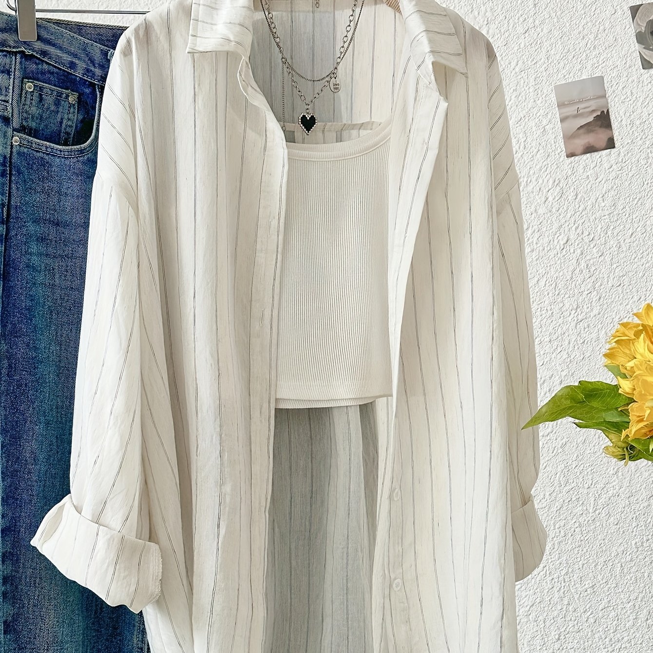 TEMU Elegant Women's Turn- Collar Striped Shirt For Daily Wear T106
