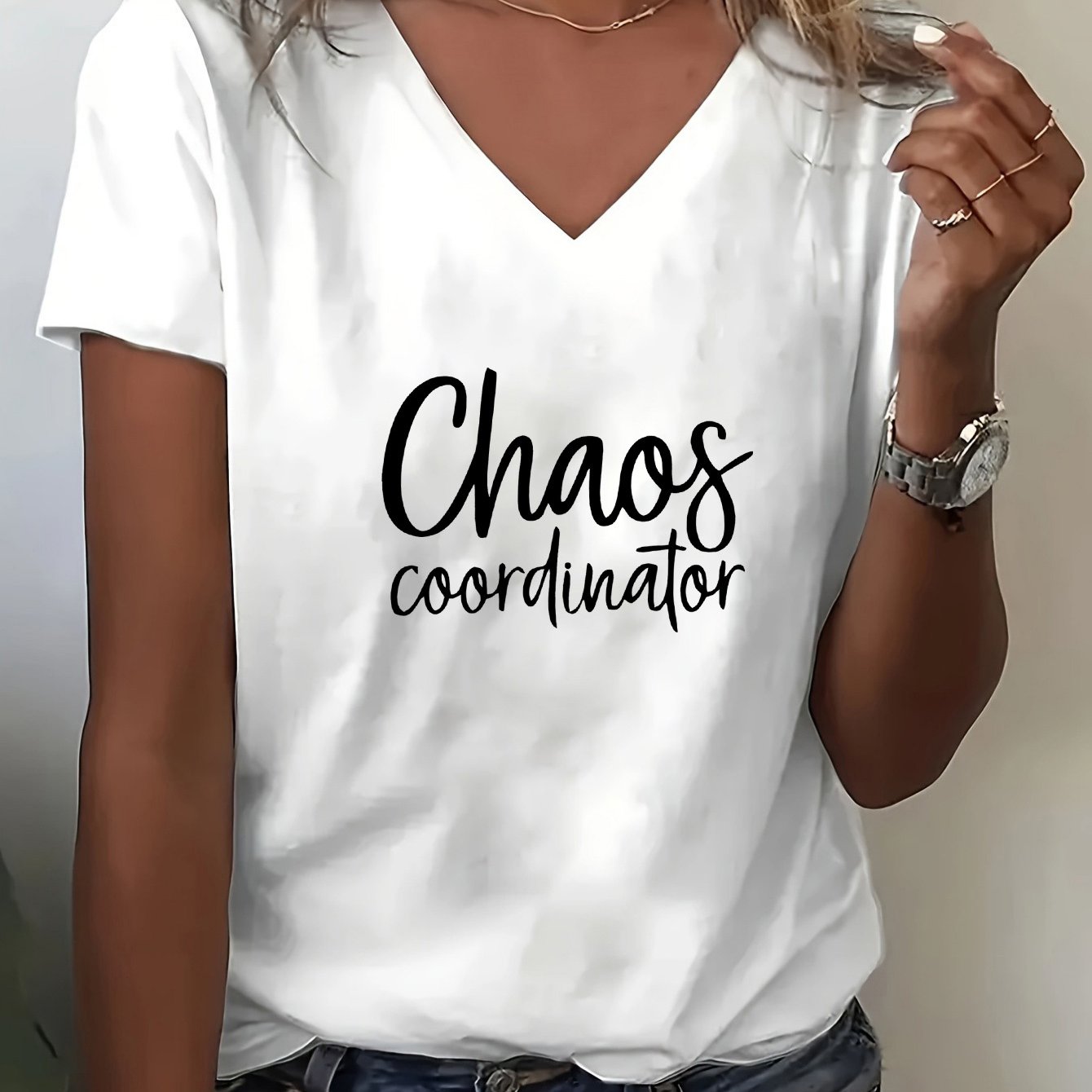 TEMU Women's Summer V-neck Short-sleeve T-shirt With Letter Print Design, Versatile And Made From Soft, Comfortable Fabric