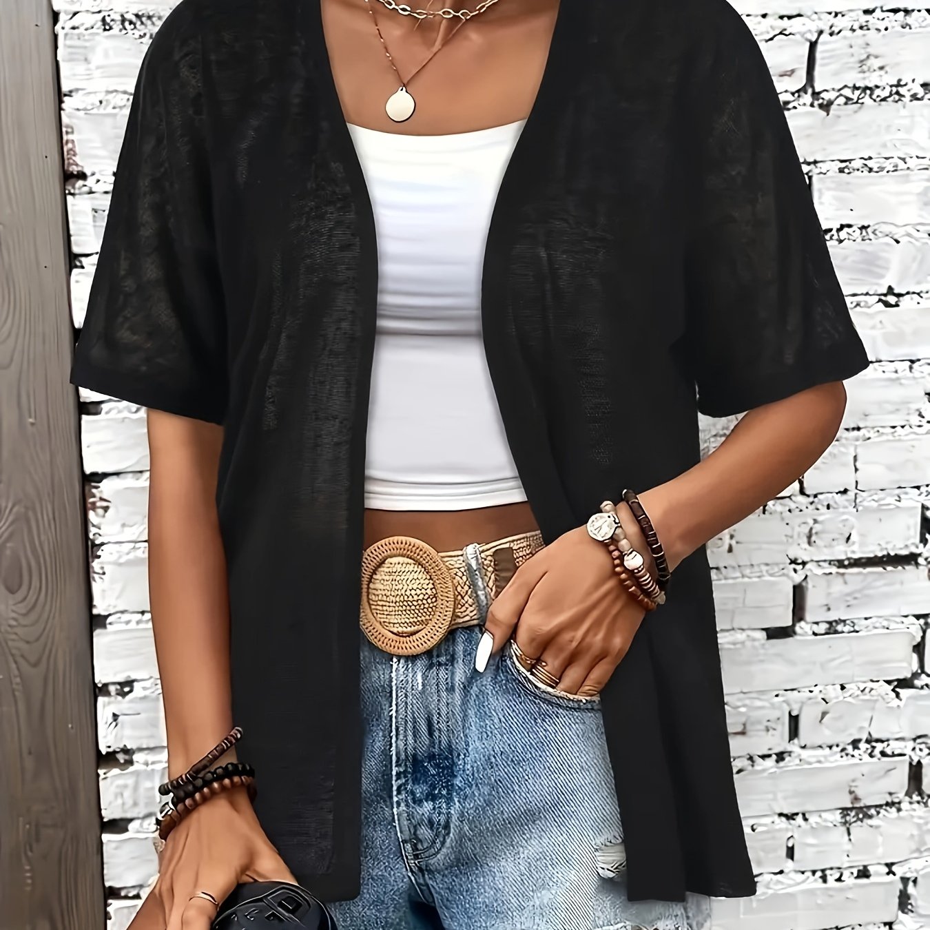 Plus Size, Casual Semi-sheer Open-front Short-sleeve Cardigan