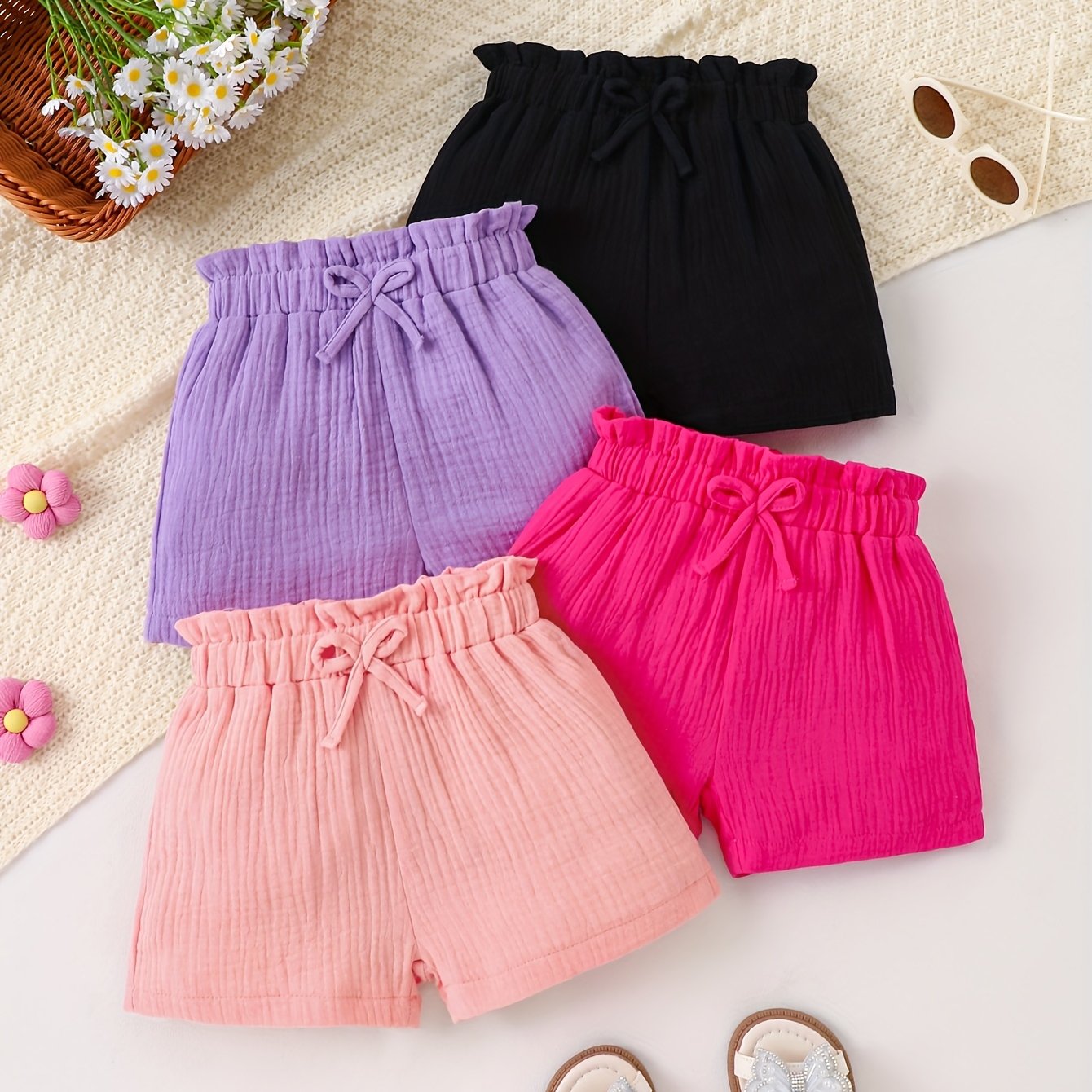 4pcs Set Girls' Summer Dopamine Pure Cotton Comfortable Bow Decor Casual Versatile Shorts, Perfect For Outdoor