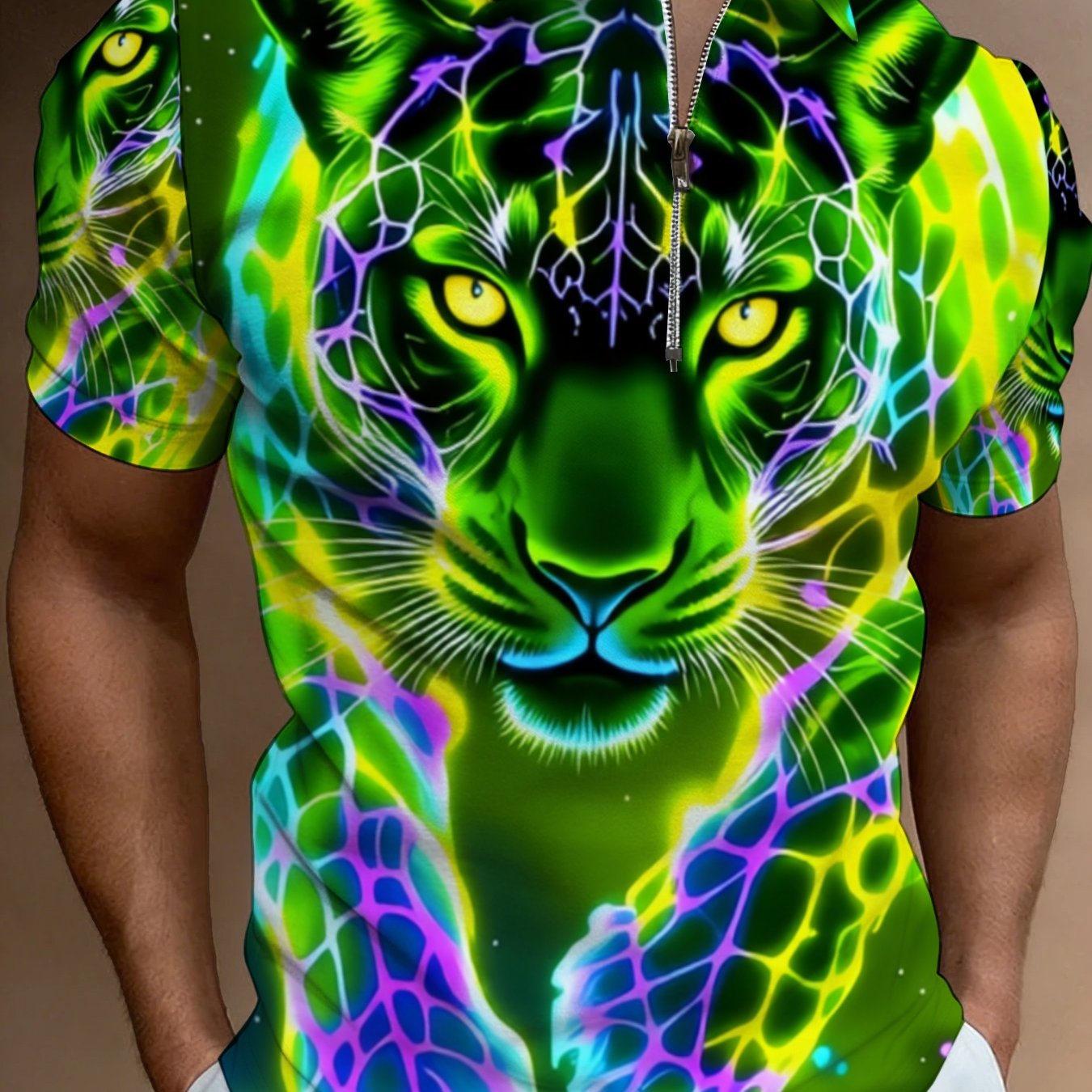 TEMU Men's Fluorescent Print Short-sleeve Shirt, Fashionable Summer Outdoor Casual Top
