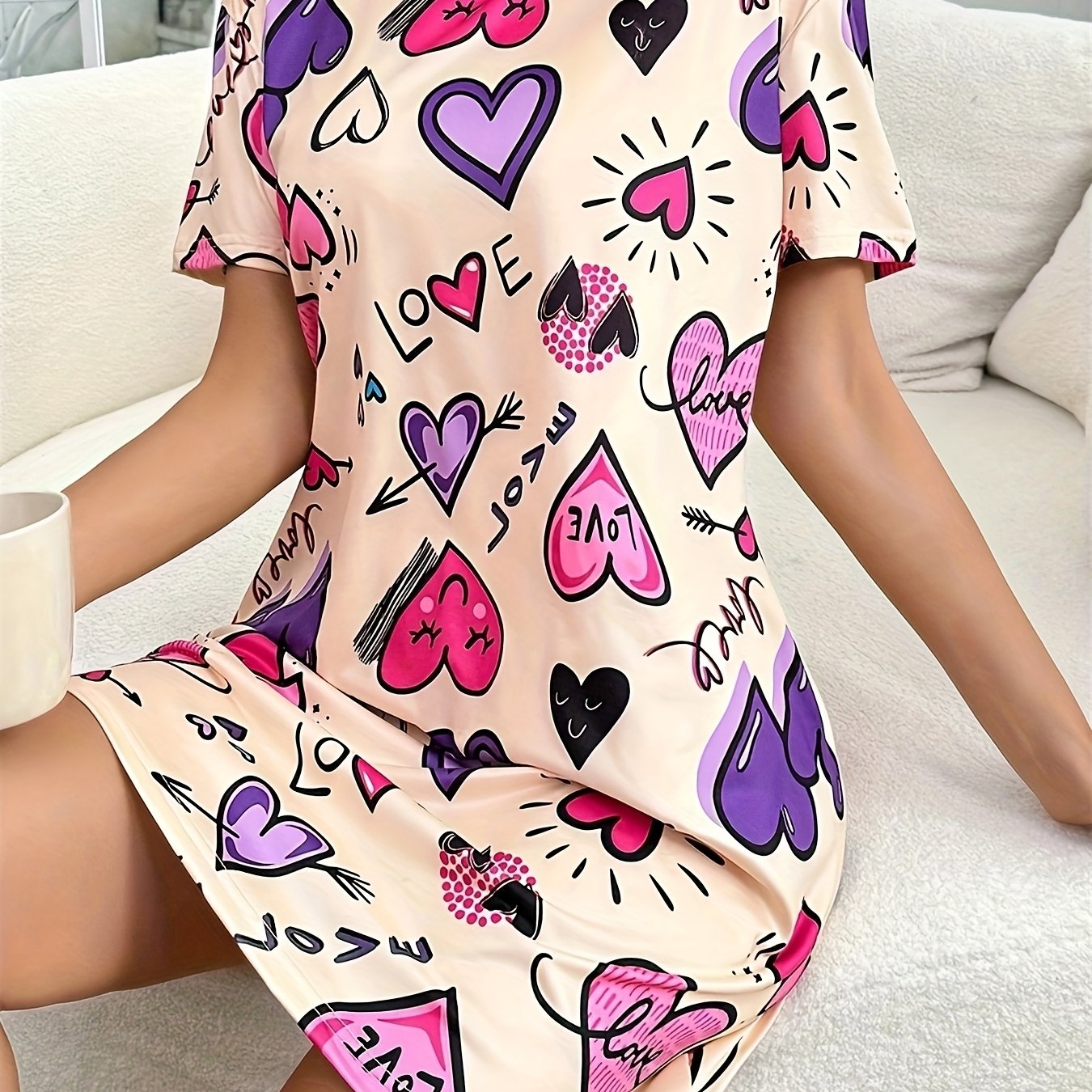 TEMU Nouveau - Pyjama T-shirt à manches courtes et col rond avec imprimé lettre de cœur