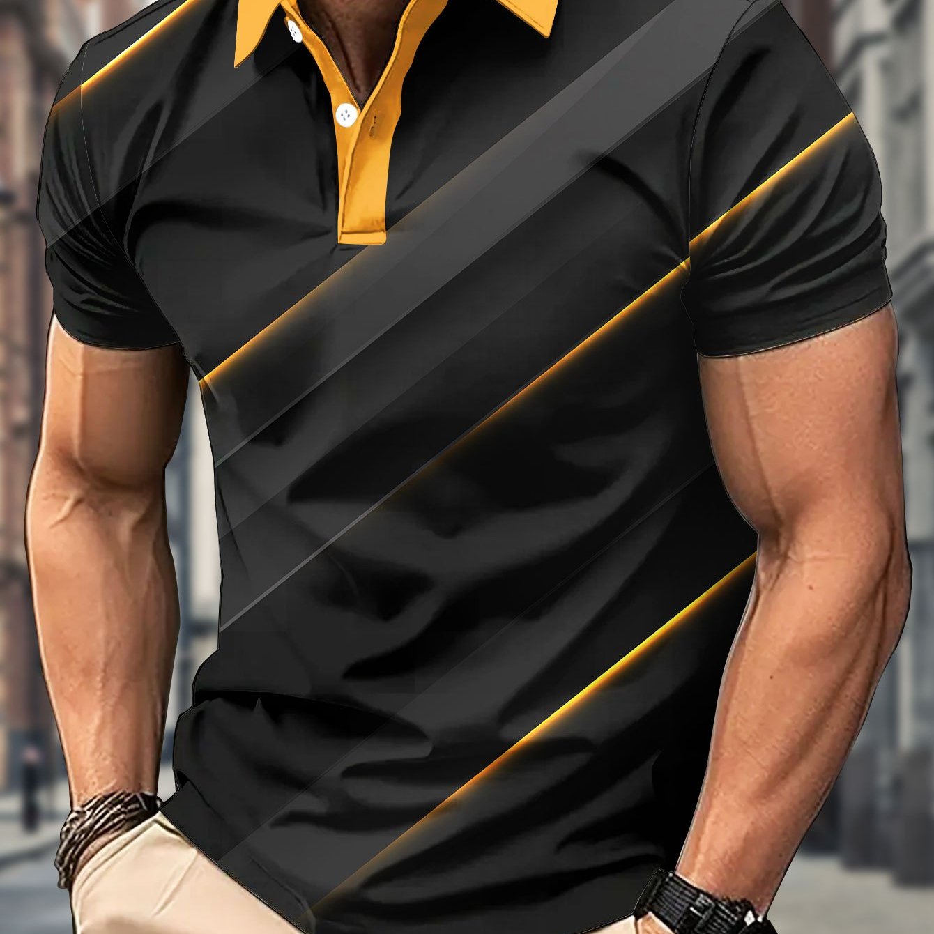 TEMU Men's Shirt Casual Striped 3d Print Golf Shirt, Abstract Geometric Pattern, Athletic Style, Men's Summer Short Sleeve Shirt