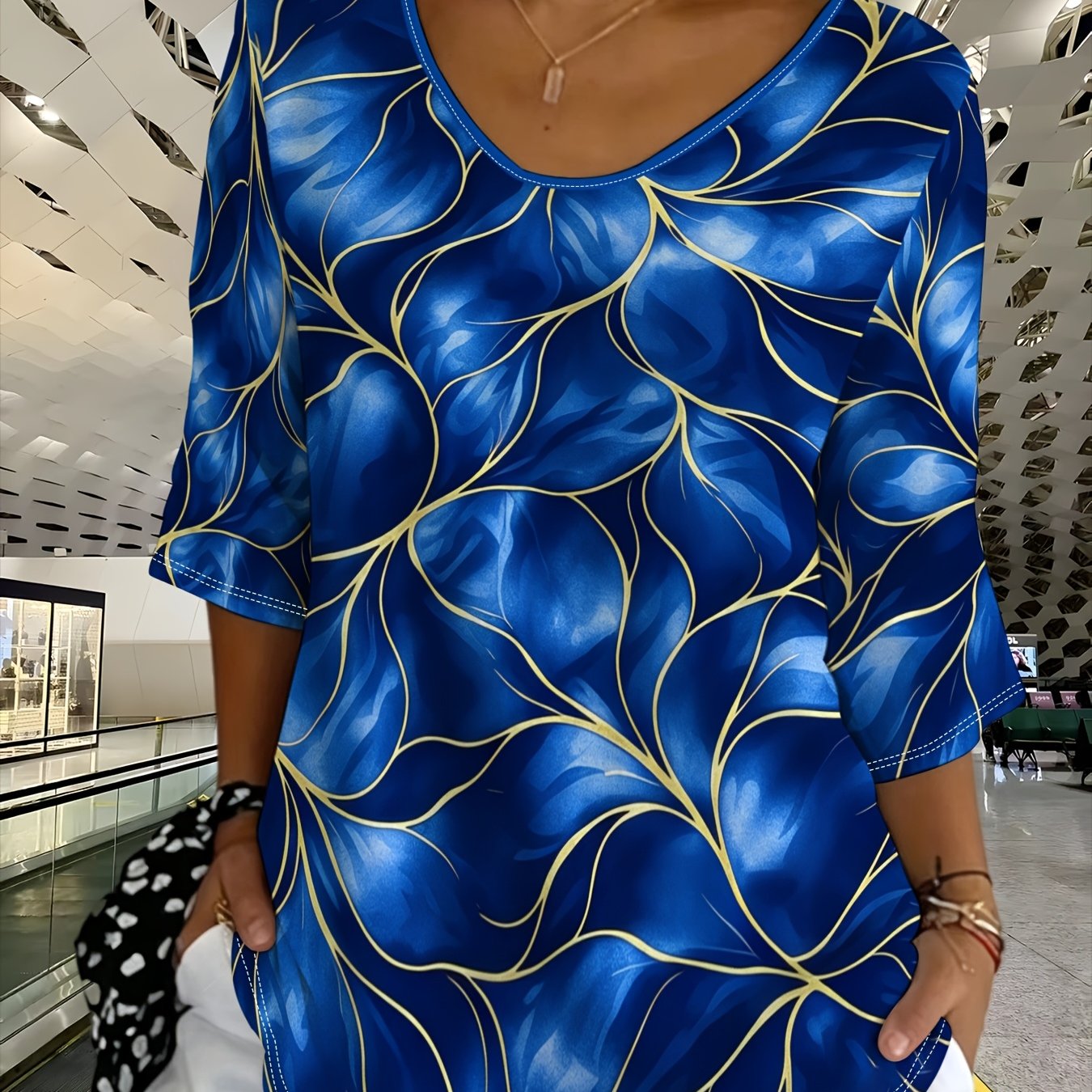 TEMU Plus Size, Plus-size Women's Top With Magenta And Golden Vine Pattern, Fit, Multiple Sizes , Mixed Color, Elegant Casual Top, 2026 Summer