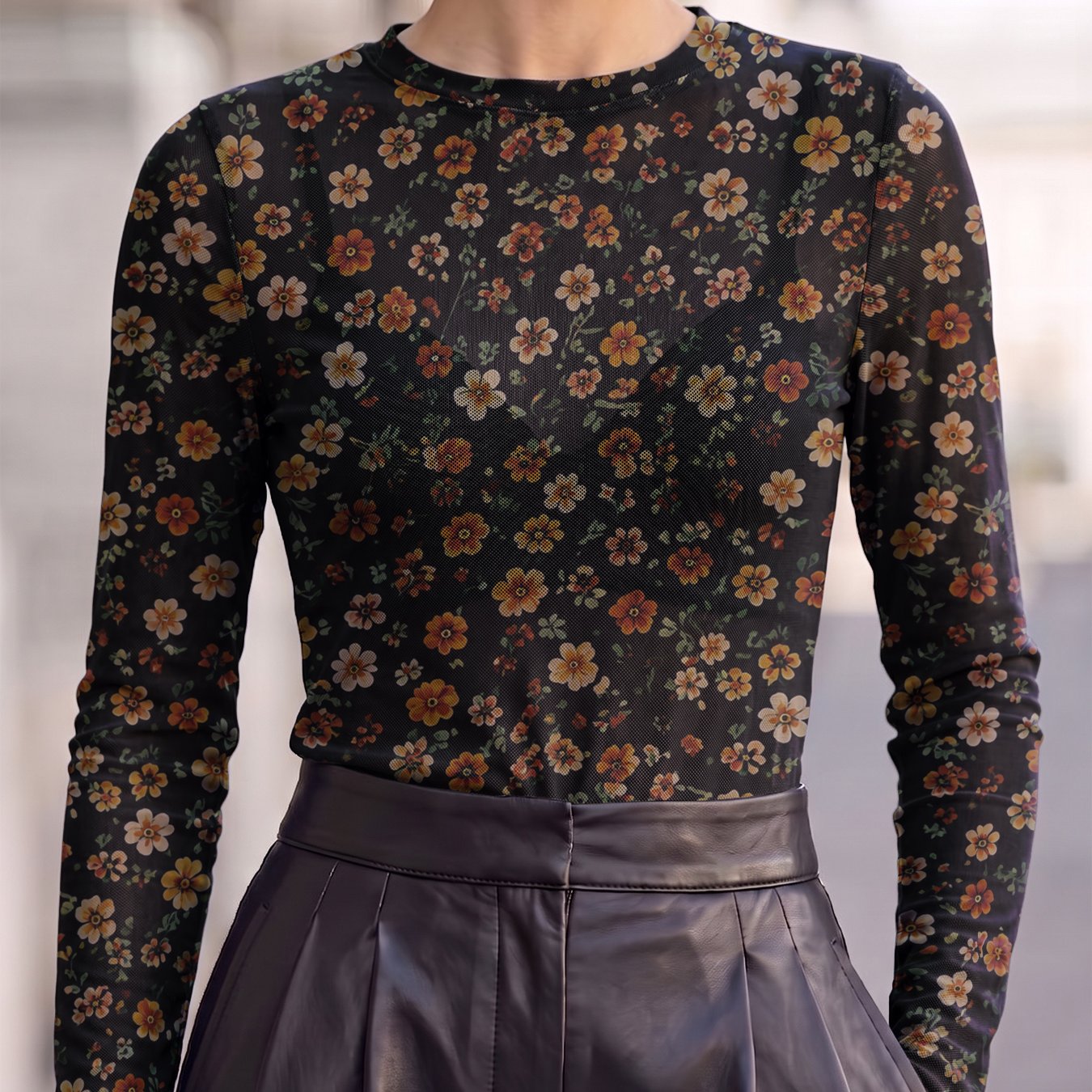 TEMU Women's Mesh Sexy Sheer Top, Floral Print, Smooth Breathable Comfortable Skin-friendly Stretch Fabric, Elegant Fashion Inner And Outer Wear For