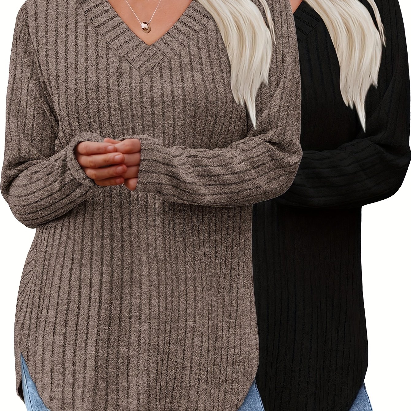 TEMU 2pcs Women's Fashion Top, Autumn/winter Long-sleeve Basic Pullover, Loose And Elegant V-neck T-shirt