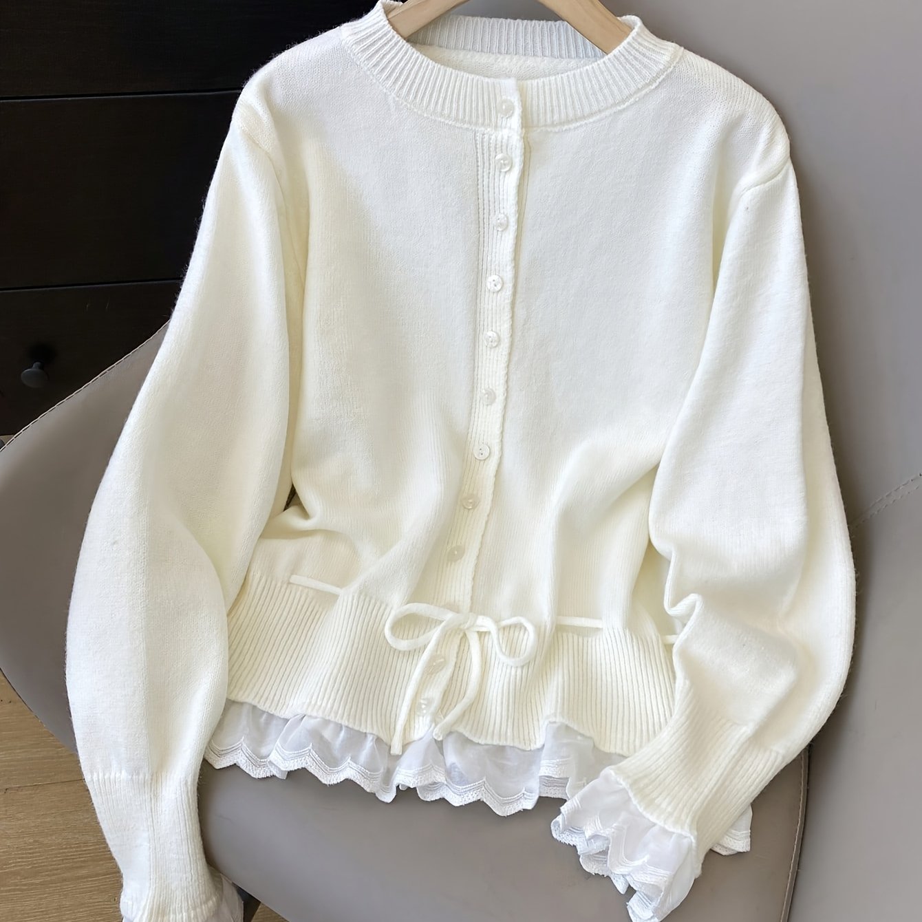TEMU Cream Yellow Drawstring Cardigan - Fall/winter Round Neck Button-up With Lace Peplum Hem | Date & Christmas Party Outfit