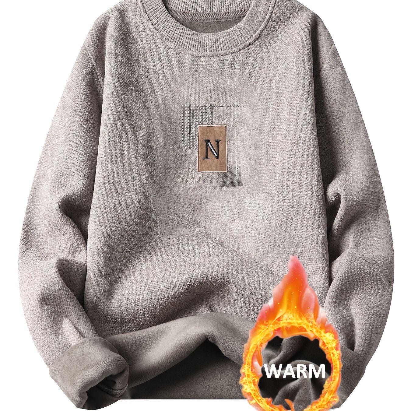 TEMU Loldeal Men's Thermal -lined Sweater - Thickened Winter Geometric 'n' Design, Grey/white, Inner & Outer Wear, Regular Fit For Fall & Winter,