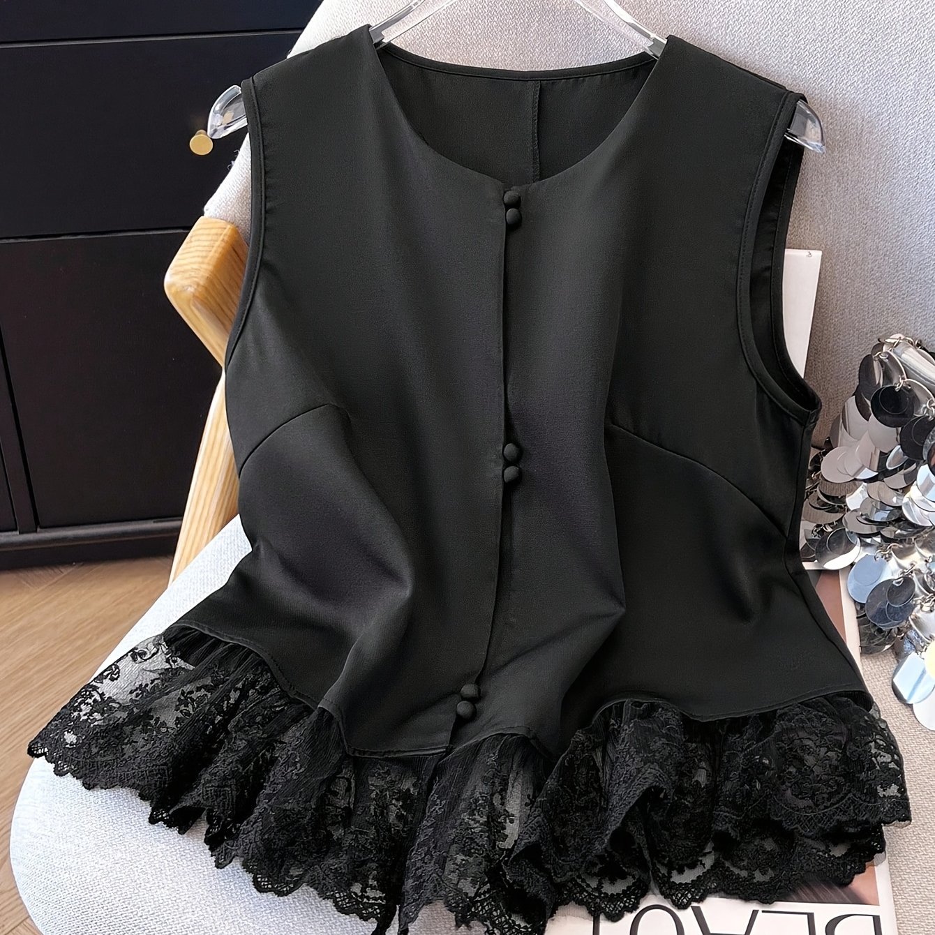 TEMU Plus Size, Plus Size Elegant Women' Color Lace Panel Sleeveless Round Neck Tank Top