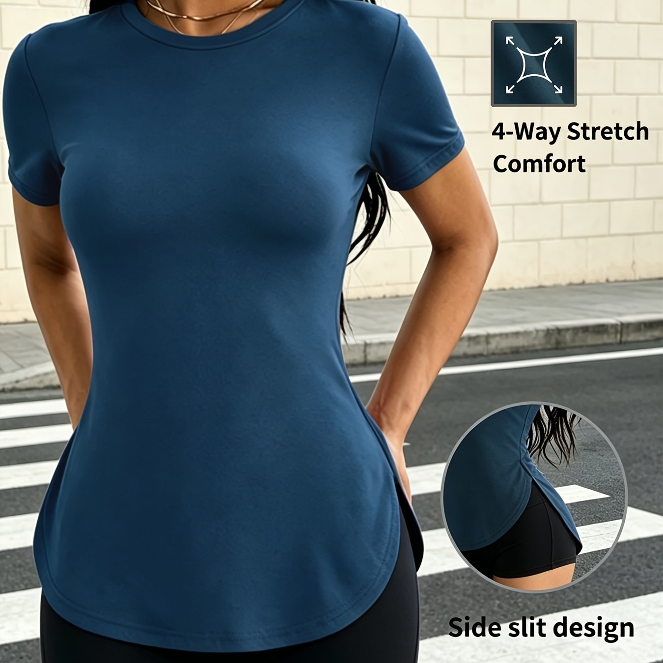 TEMU T-shirt de sport extensible et coupe ajustée pour femme avec fente latérale de créateur et ourlet incurvé, col rond, pour le fitness et le yoga