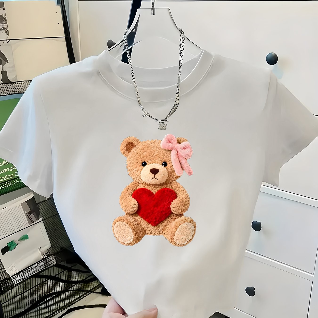 TEMU Spring/summer Ultra-short Bear Print Women's Casual Fashion Round Neck Short Sleeve T-shirt, Sweatshirt