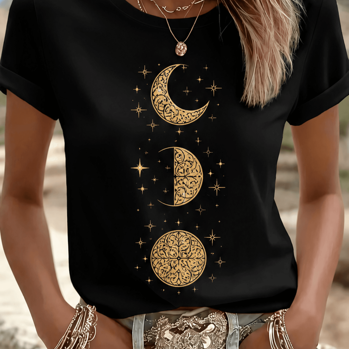 Image of New Women's T-shirt Golden Phase Theme Designed T-shirt Boho Style Women's T-shirt High Quality T-shirt Summer Casual Daily Wear Beach Vacation Gift For Friend