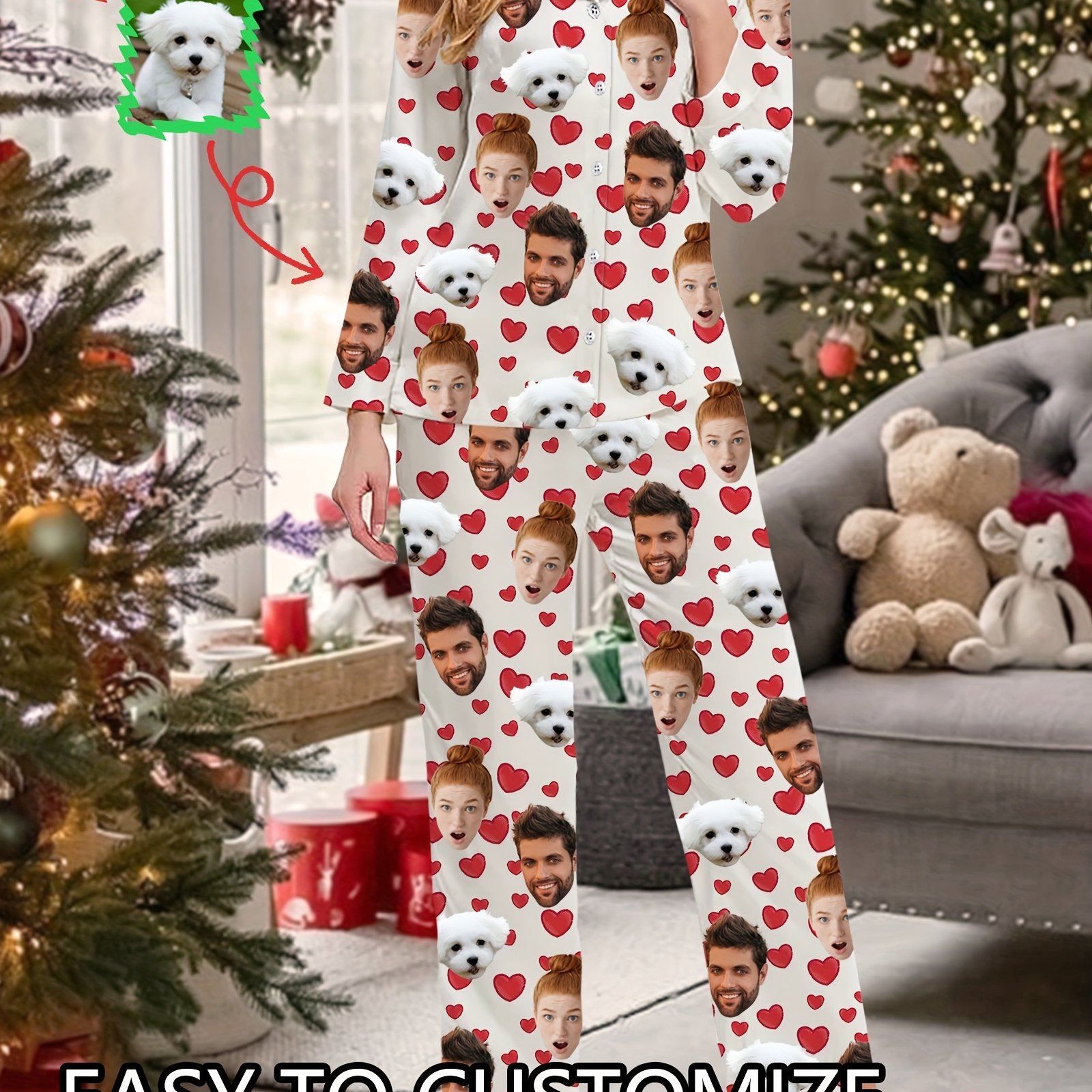 TEMU Pijama largo personalizado para mujer, conjunto de camisa de larga y pantalón largo, personalizado con foto de rostro, conjunto de pijama de