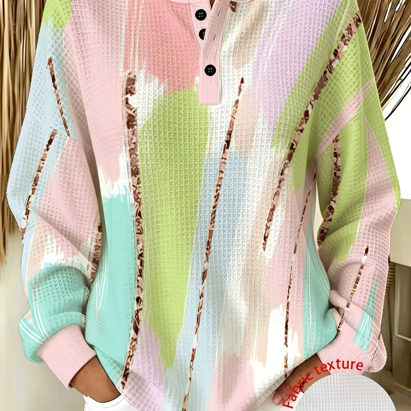 TEMU Plus Size, Henley Collar Button-up Half-open Front Long Sleeve Top, Waffle Fabric, Print Long Sleeve T-shirt Crew Neck Casual Waffle Pullover,