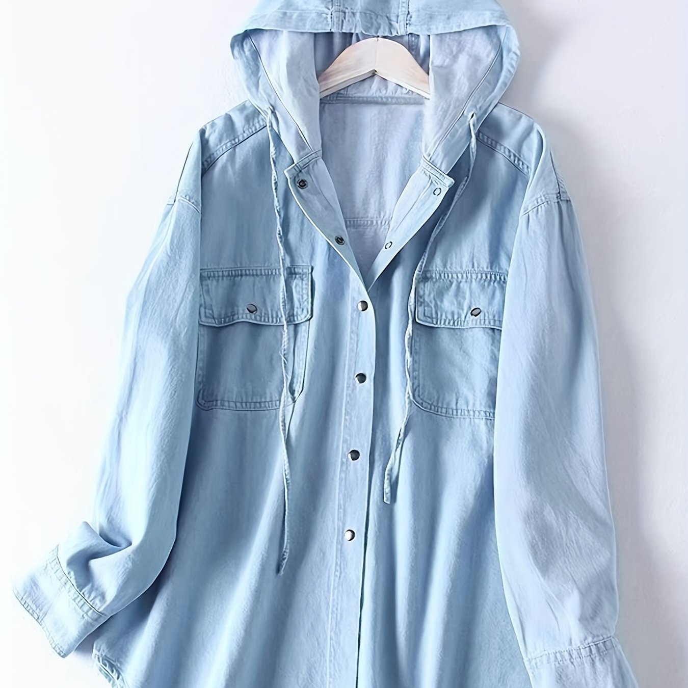 Image of New Plus Size Women's Summer Long Sleeve Fashion Denim Shirt With Hood, Breathable And Comfortable Pocketed Button-up Top