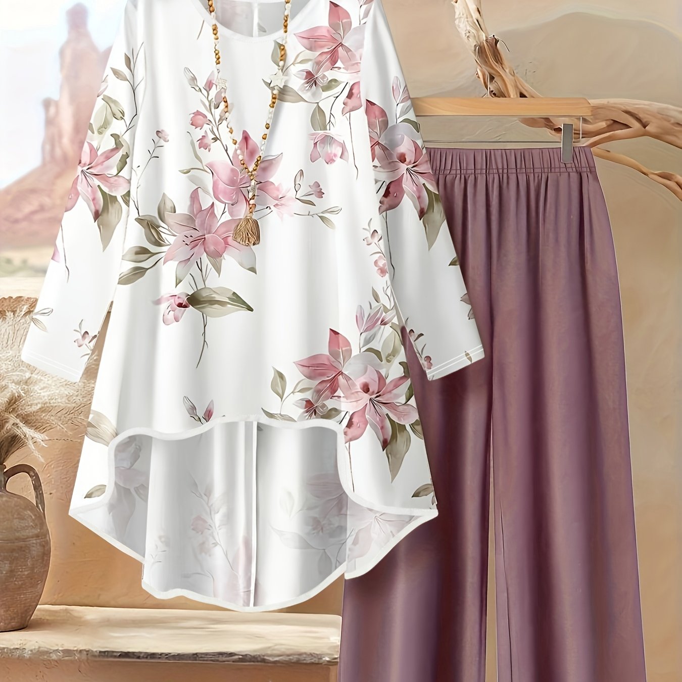 TEMU Bk1028060 Fashionable New Women's Floral Print Outdoor Casual Long Sleeve Crew Neck Irregular Hem Top And Solid Color Pants Set - Spring/summer
