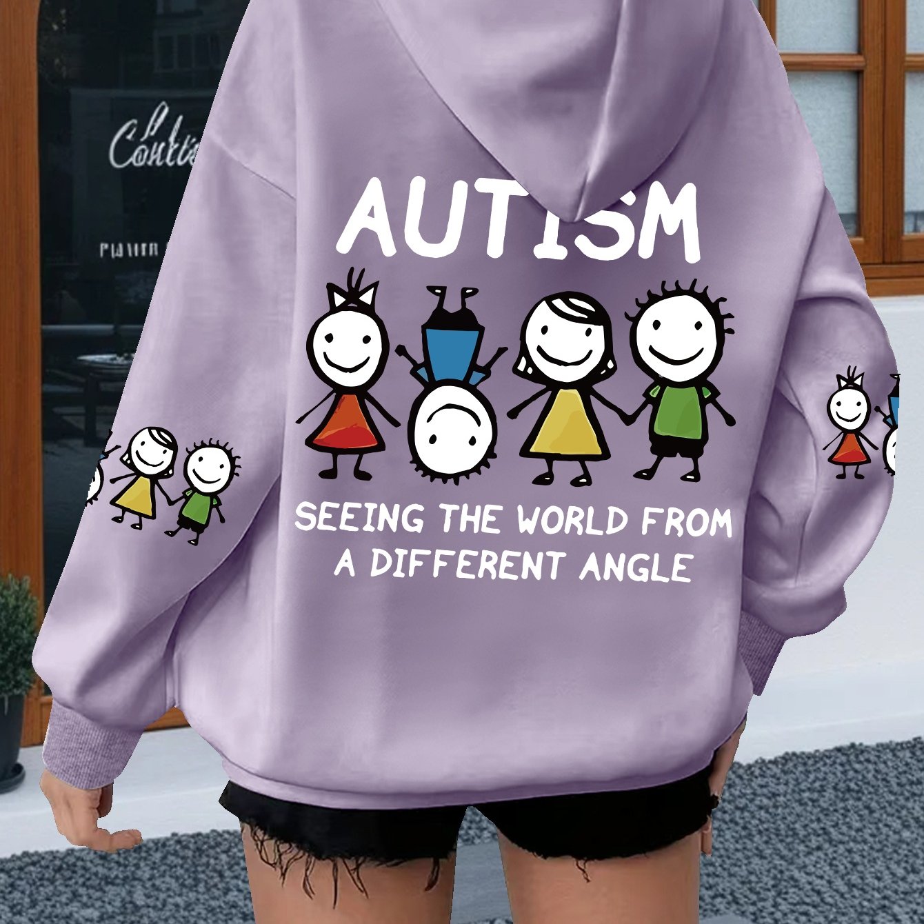TEMU Plus Size, Women's Plus Size Non-verbal Autism Alphabet Cartoon Graphic Print Hoodie, Casual Drawstring Hooded Long Sleeve Kangaroo Pocket