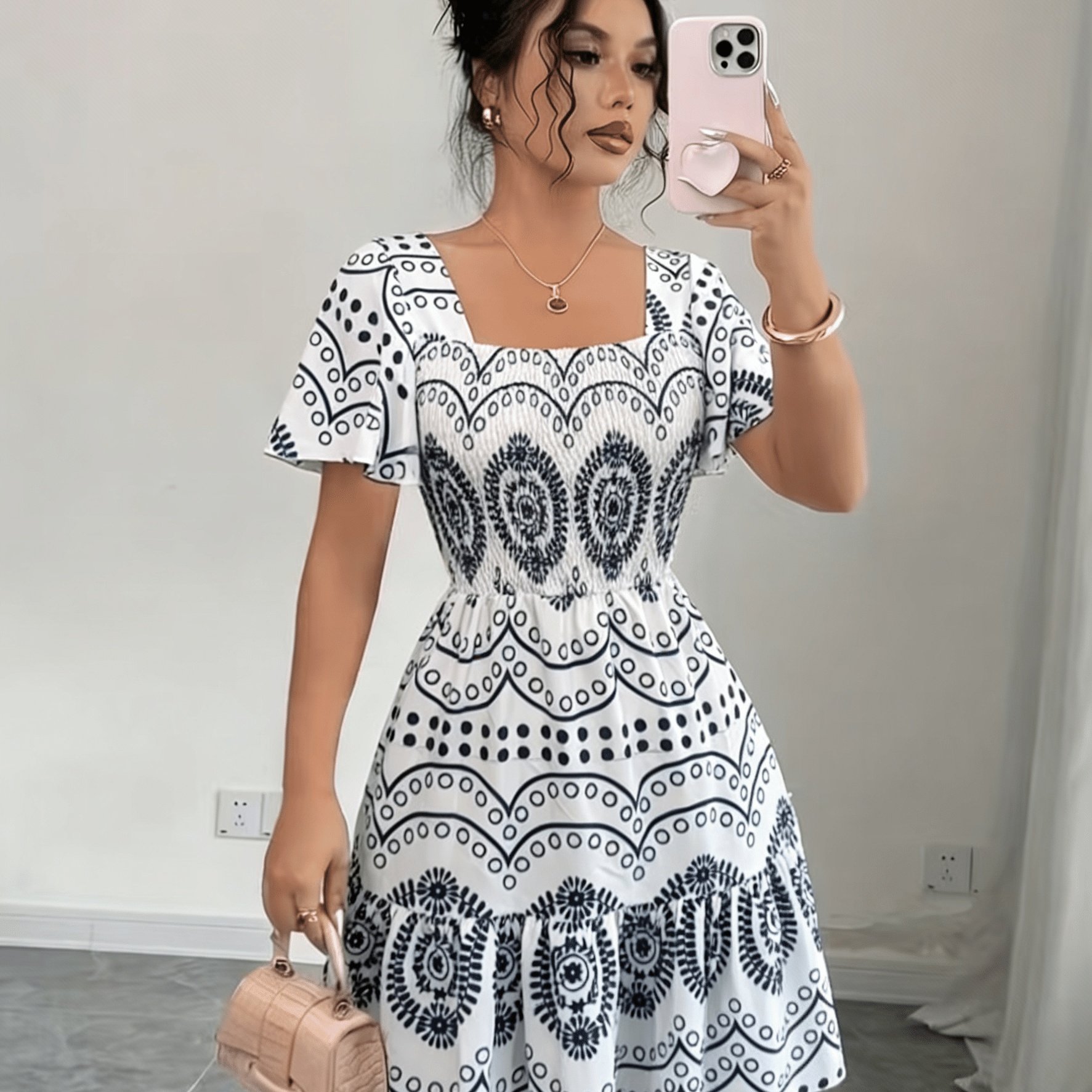 TEMU New Bohemian Square Neckline Dress For Women, Waist-cinching Ruffle Short Sleeve Elegant Cropped A-line , Gentle Style Tea Party Dress For
