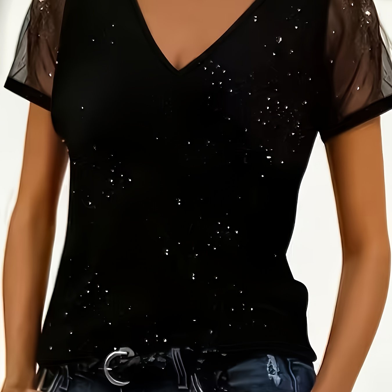 TEMU New Women's Fashion Elegant Casual T-shirt - Dot V-neck Mesh Short-sleeved Top