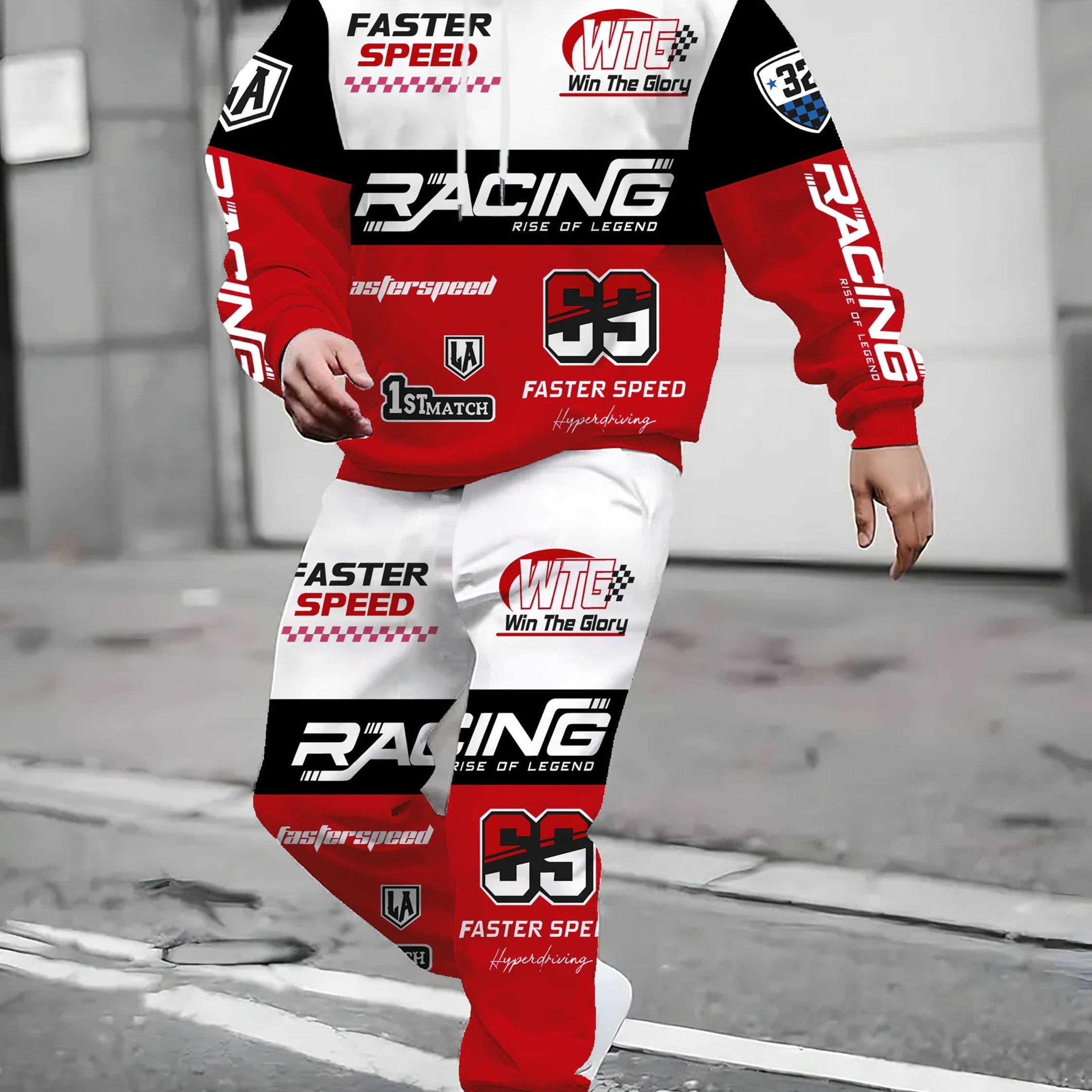 3d Racing Contrast Print Hoodie, Spring/autumn Long Sleeve Top, Fashion Trendy Men's Hoodie Set