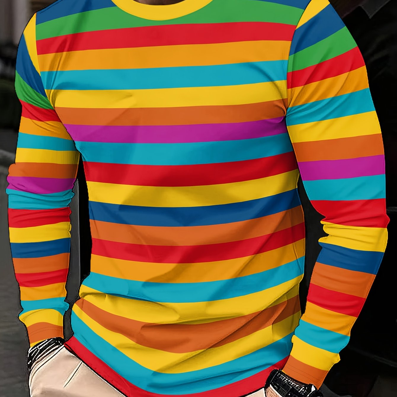 E-shop Herren Casual Herbst/Winter Langarm T-Shirt mit Druck, Bunte Streifen, Neues Stoffdesign, Leichtes Atmungsaktives Material, Ideal für
