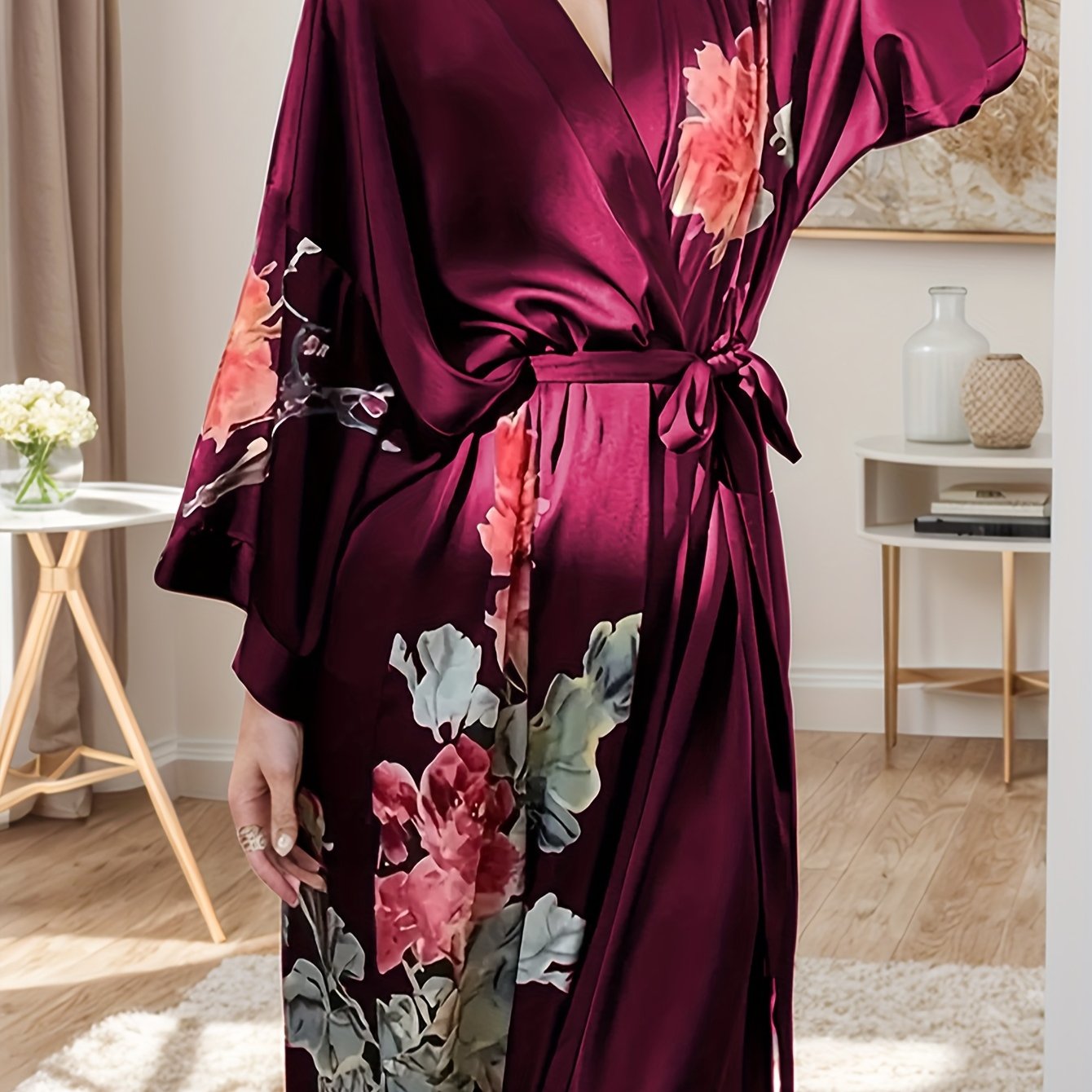 Plus Size Women's Fashion Printed Robe, Large Floral Robe, Women's Ankle Length Comfortable Loose Casual Robe, Women's Mid-length Romantic Elegant Satin Home Robe