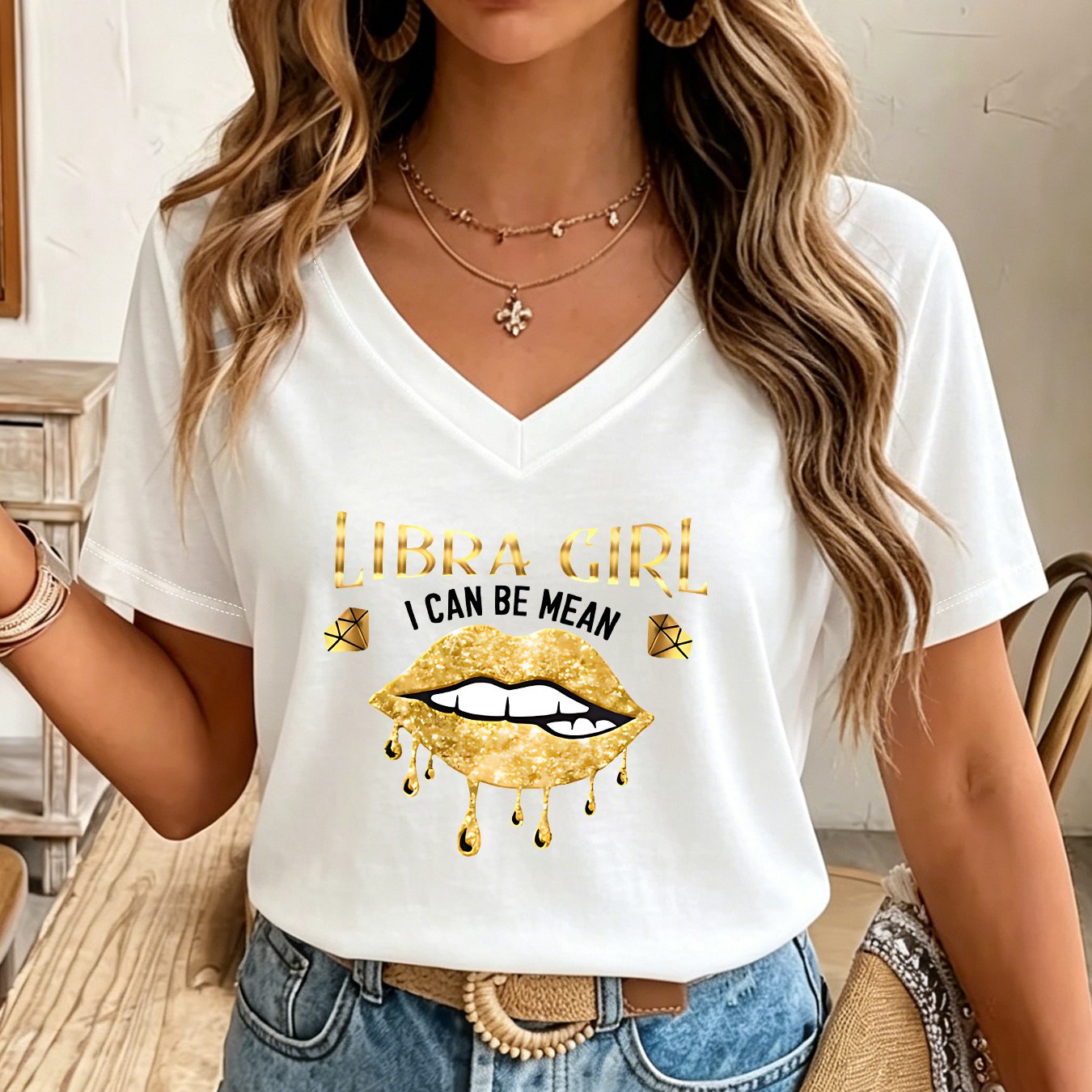 TEMU Libra Mean Lips Graphic V Neck Short Sleeve T Shirt