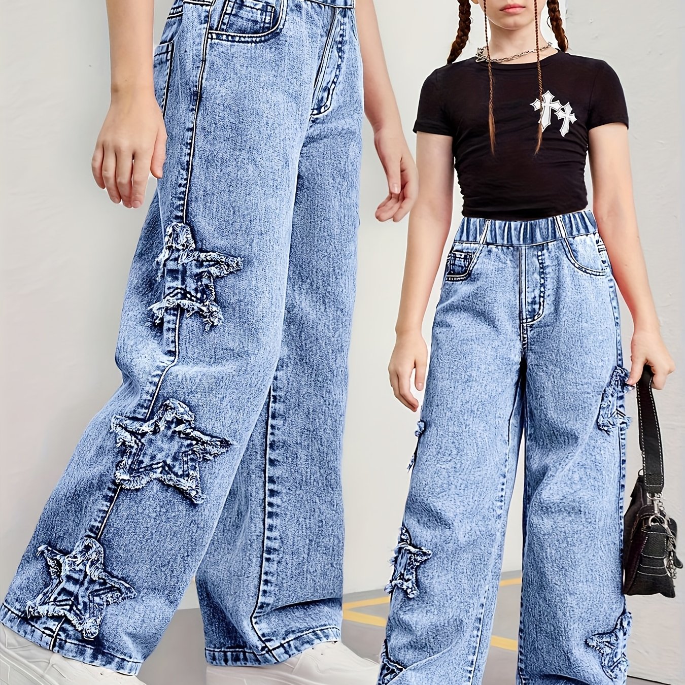 Image of Girls' Denim Long Pants, Girls' Vacation Outerwear Jeans, 5-star Straight Jeans, Girls' Y2k New 5-star Embroidered Pattern Trendy Fashion Straight Jeans