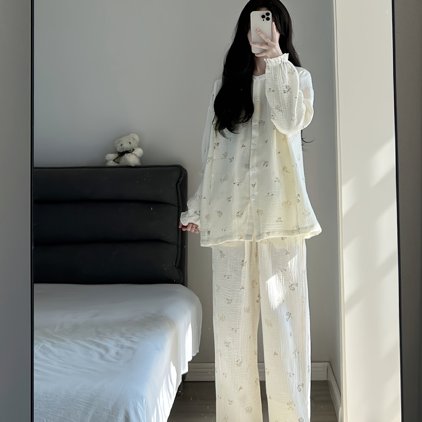 TEMU シンプルでトな春風の女性用パジャマセット、甘くて爽やかなカーディガンデザインのホームウェア・ロングスリーブとワイドレグパンツのゆったり快適ツーピースセット、自宅でのスや睡眠に最適