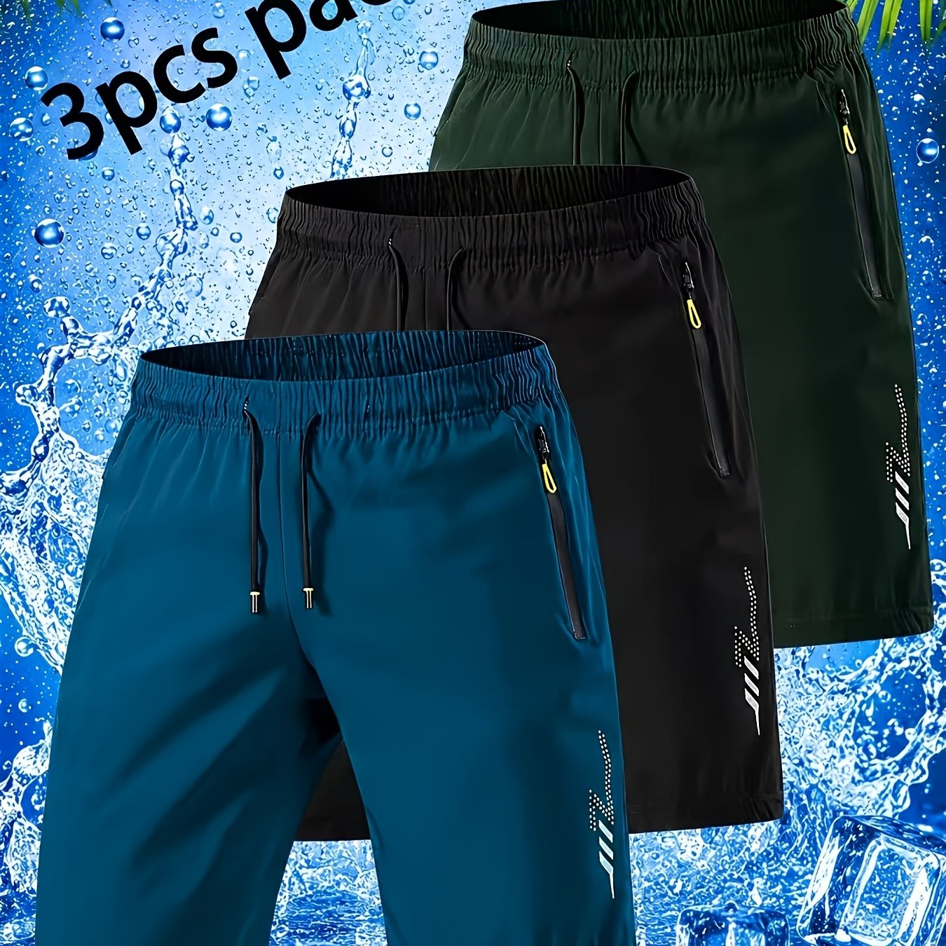 TEMU 3 Pairs Of Men's Fiber Casual Shorts - Breathable Quick-drying Loose Geometric Pattern Sports Shorts, Elastic Waistband Mid-waist Pocket