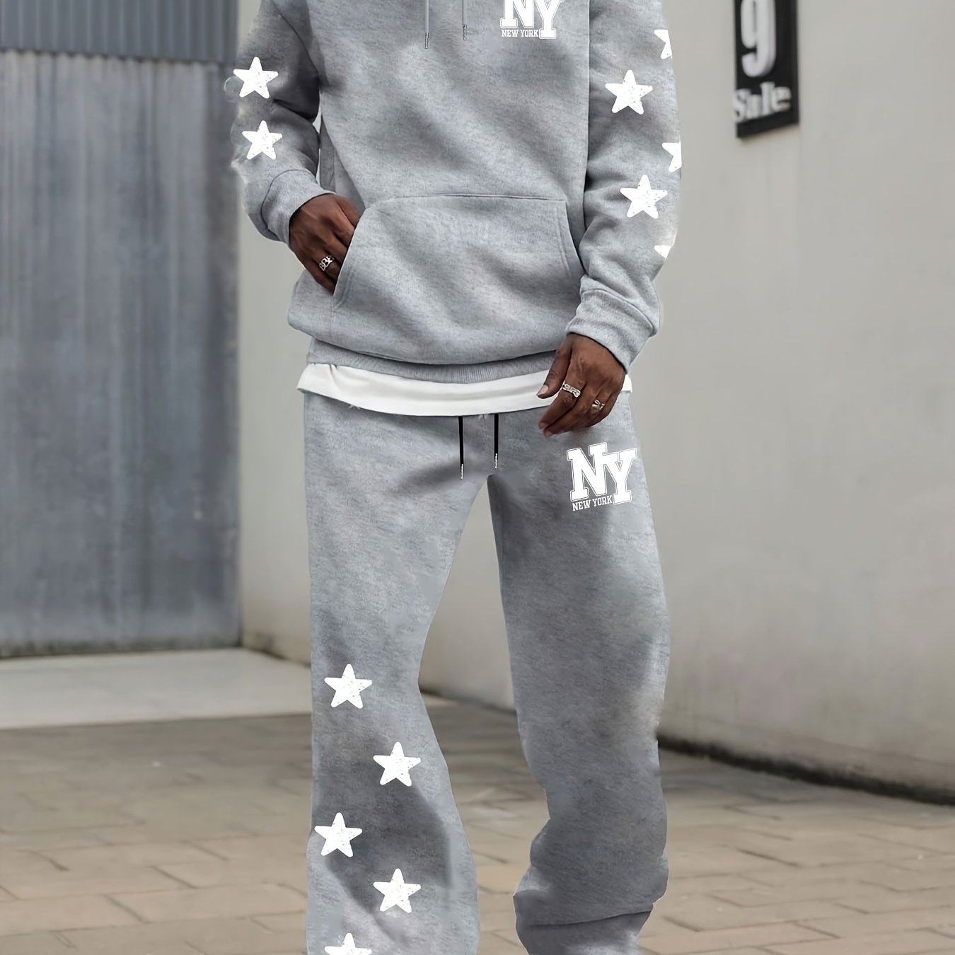TEMU Ensemble Sweat Homme Automne Hiver 2 Pièces Tenue Lettre Étoile Imprimé Sweat à Capuche Polyvalent et Pantalon Long Athlétique Décontracté à