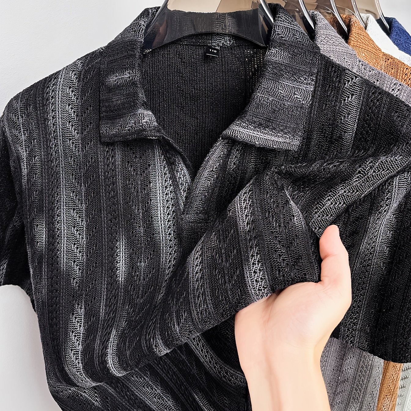 TEMU New Gradient Hollow Knit Short Sleeve, Men's Individual Trendy V-neck Shirt, Summer Breathable Retro Texture Casual Top