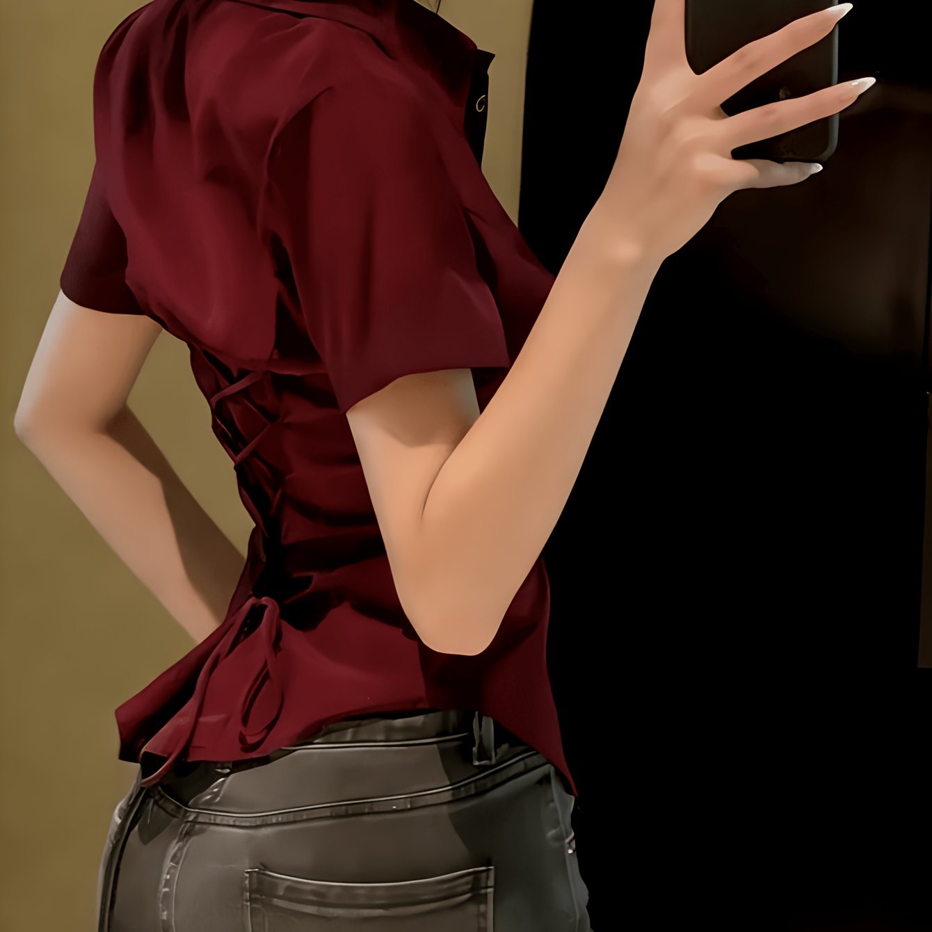 TEMU Elegant Solid-color Women's Shirt With A Back Tie Design, Short Sleeves, Suitable For Spring And Summer