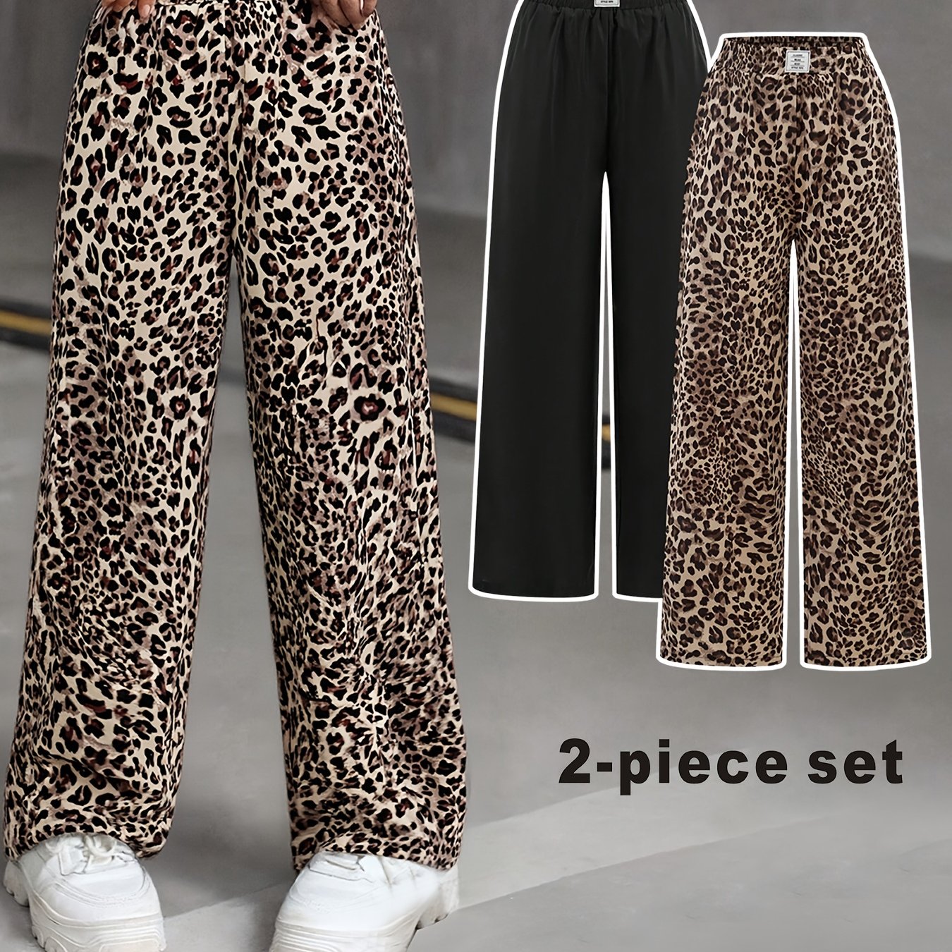 Image of Girls' Multi-piece Outfit, 2pcs Black And Leopard Print Wide-leg Pants, For Outdoor Daily Essentials, Back To School Essentials