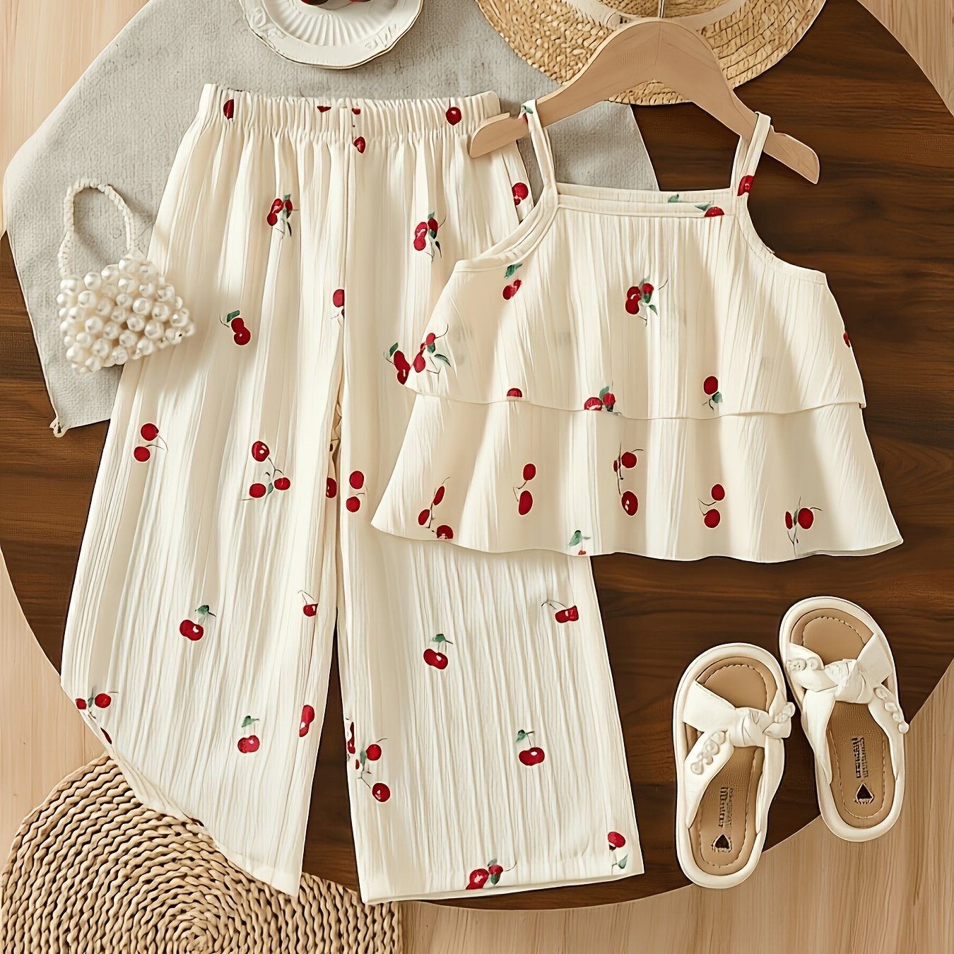 Image of 2pcs Girls' Long Pants Set, Cute Summer Outfit, Cherry Print/floral Pattern Spaghetti Strap Camisole + Wide-leg Pants 2pcs Set, Perfect For Outdoor