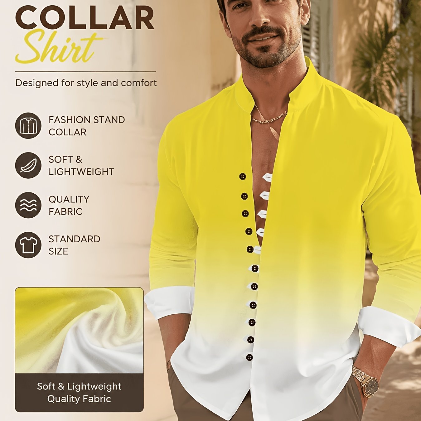 TEMU Chemise à Col pour Homme - Manches Longues, Boutonnage à 11 Boutons, Col Slim Fit, Lavable en Machine, pour Bureau Décontracté,