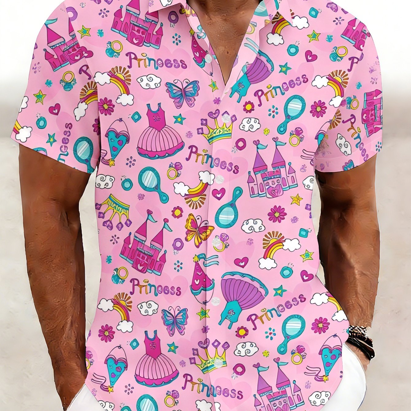 TEMU Men's Short-sleeve Shirt With Pink Princess Castle Print, Regular Fit, Casual Daily Wear, Fashionable All-match Printed Top, Trendy And