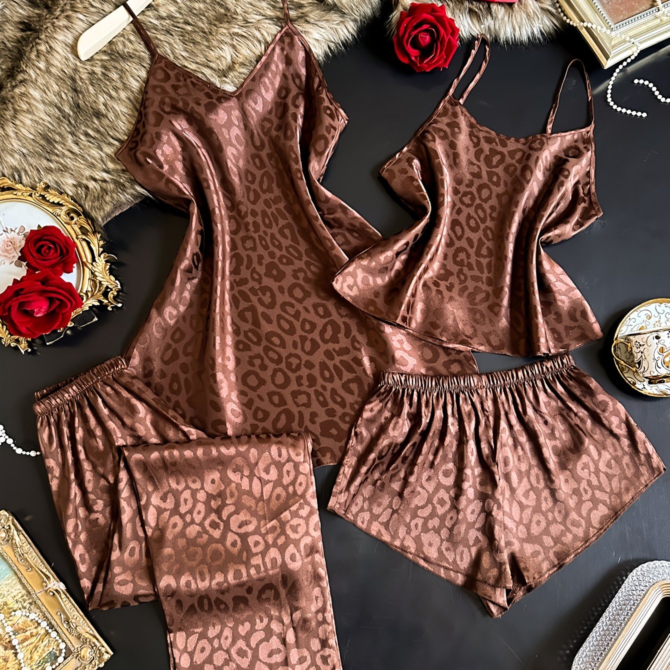 TEMU 4pcs Women's Pajama Set, Fashionable Casual Jacquard V-neck Camisole Nightgown, Round Neck Camisole Pajamas, Comfortable Shorts And Long Pants
