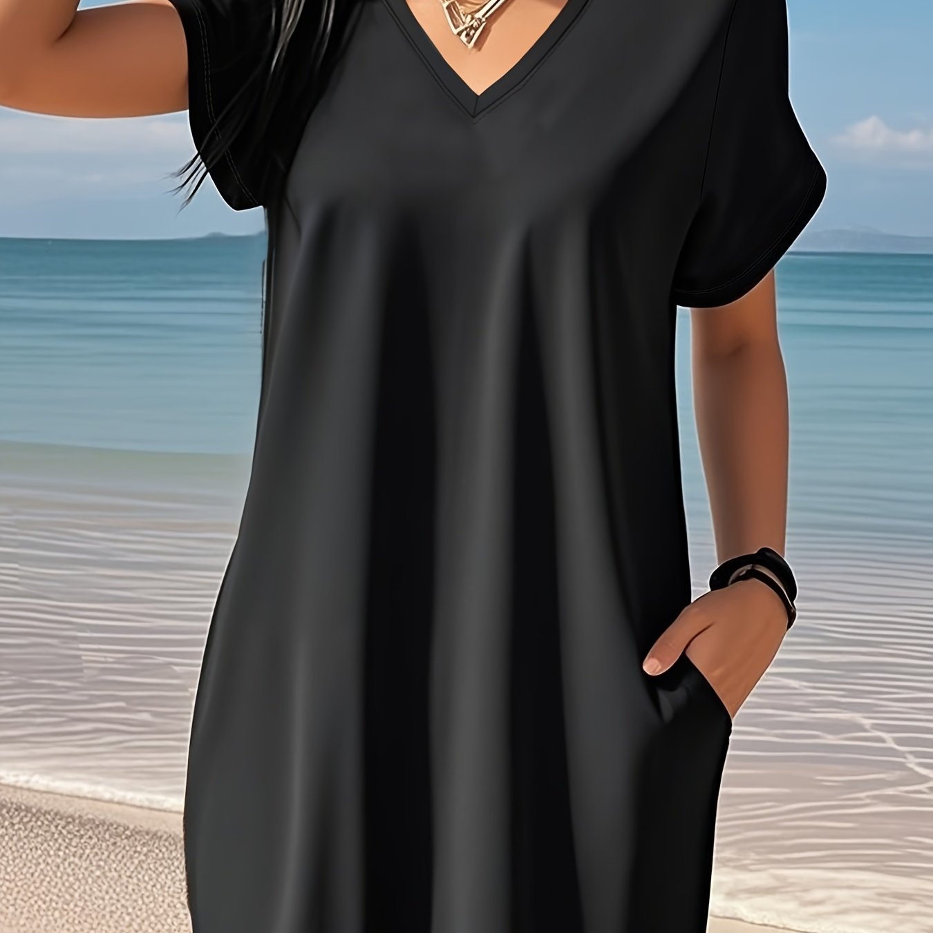 Image of 8060 European & American Women's Fashion 2025 Solid Color V-neck Short Sleeve Skirted Motorcycle Dress For S & Outdoor Wear