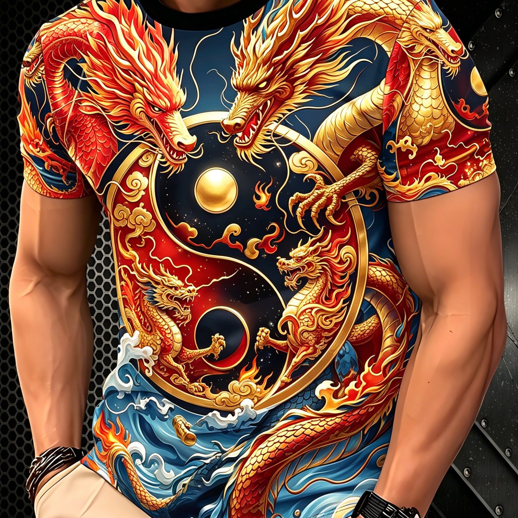 TEMU Guochao Yin-yang Double Dragon Flame Print T-shirt, Red And Patterns Surround , Clouds And Waves Enhance Aura, Showcasing Eastern Flat Print