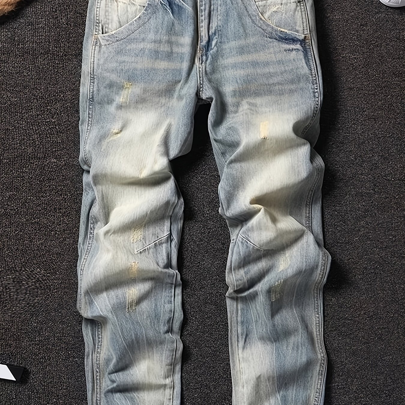 Image of [hme] Non-stretch Straight-leg Men's Jeans Mid-rise Slim Straight Fit, Classic Washed Vintage Blue, Versatile Styling. Non-stretch, Machine Washable, Breathable& Comfortable