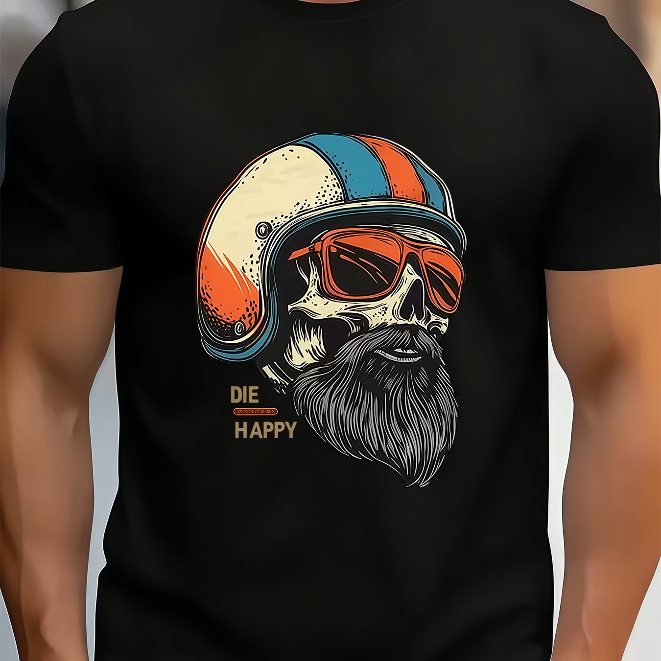 TEMU Men's Vintage Motorcycle Biker T-shirt - Skull & Graphic Print, Soft Breathable 100% Polyester Crew Neck Short Sleeve Tee Suitable For Summer