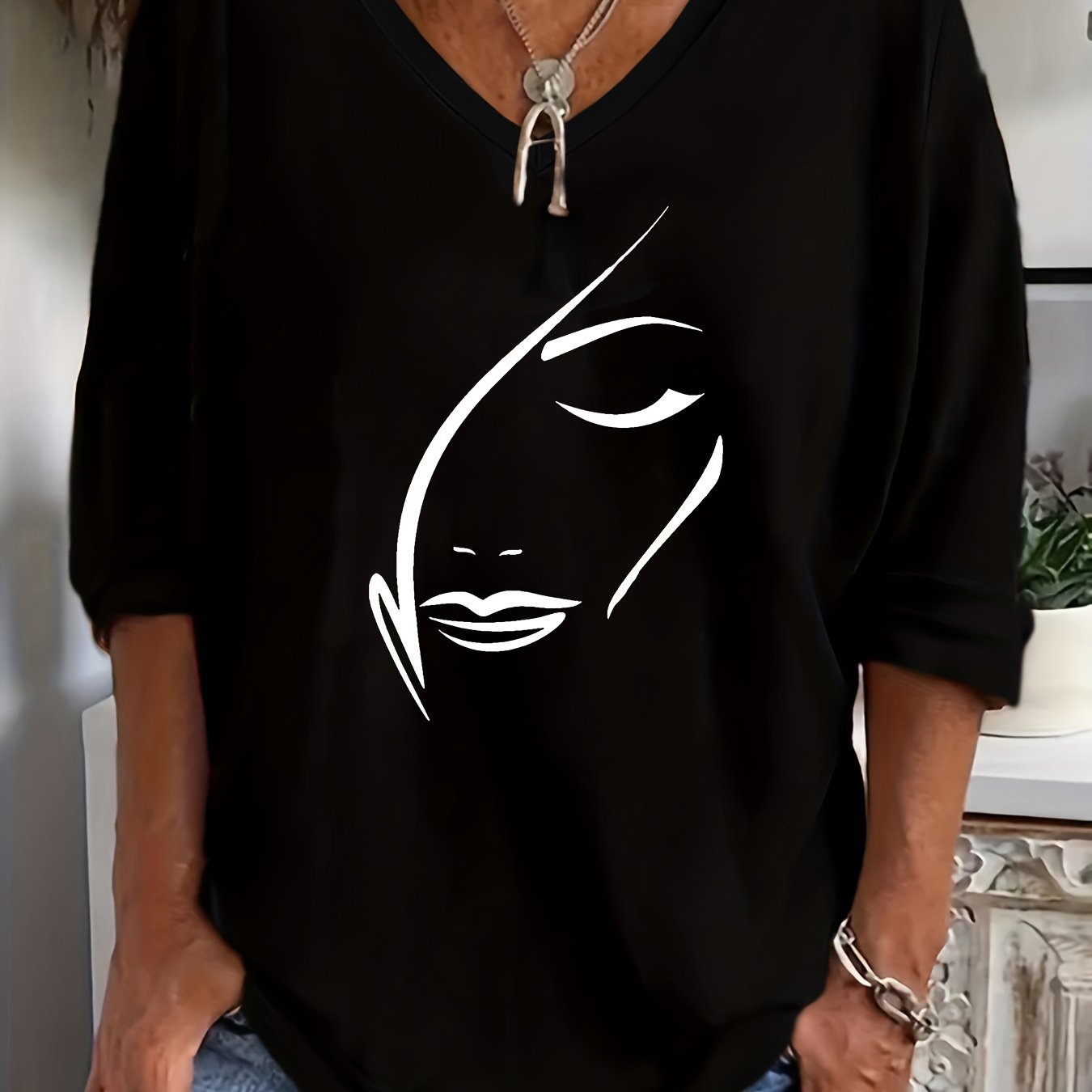 Plus Size - Plus Size - Trending Plus Size V-neck T-shirt For Women 3/4 Sleeve Minimal Face Print, Soft Washable Fabric, Casual Holiday Look