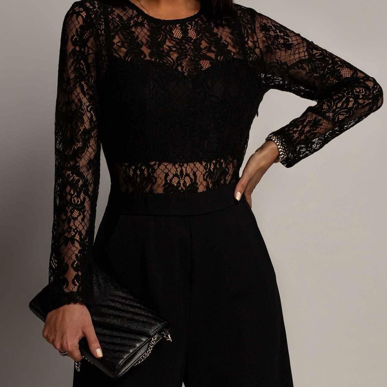 TEMU Combinaison à panneaux de dentelle, Pantalon large à taille haute, Combinaison haut de gamme pour soirée de gala