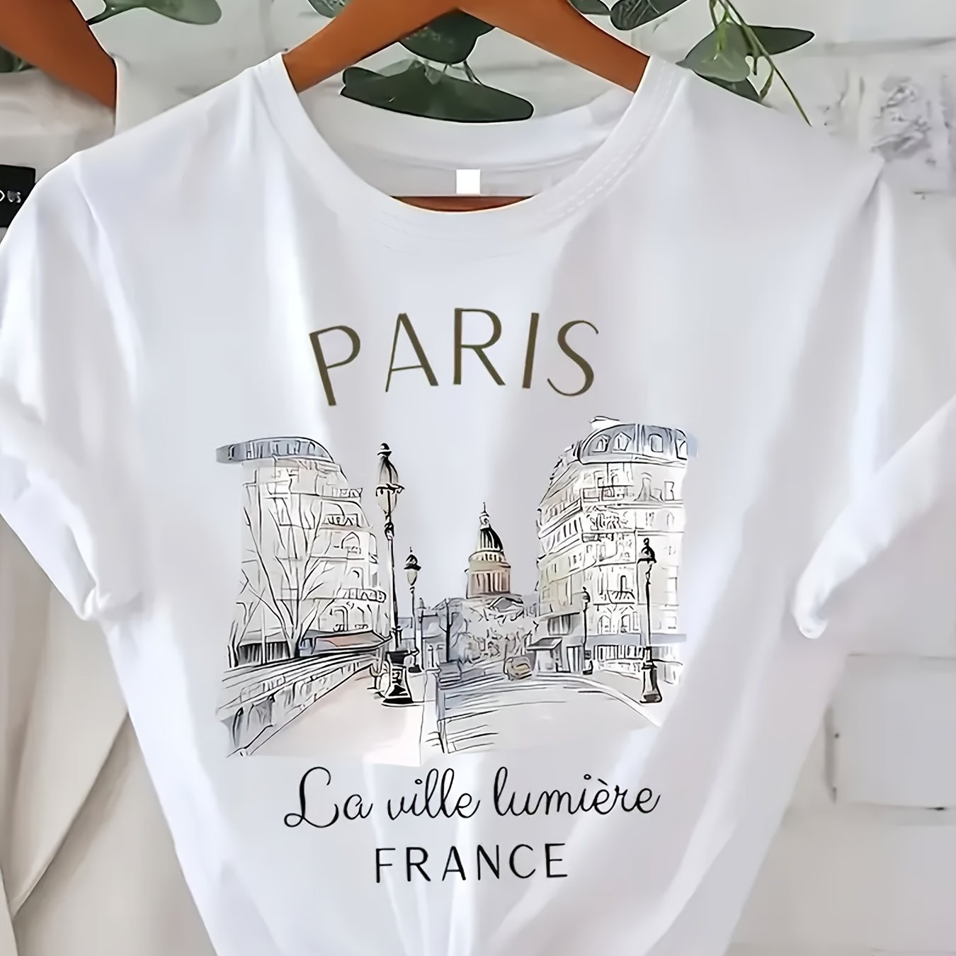 Plus Size - Plus Size - Fashionable Plus-size Paris Printed T-shirt, Casual Short-sleeve Round-neck Top For Spring And Summer, Women's Clothing