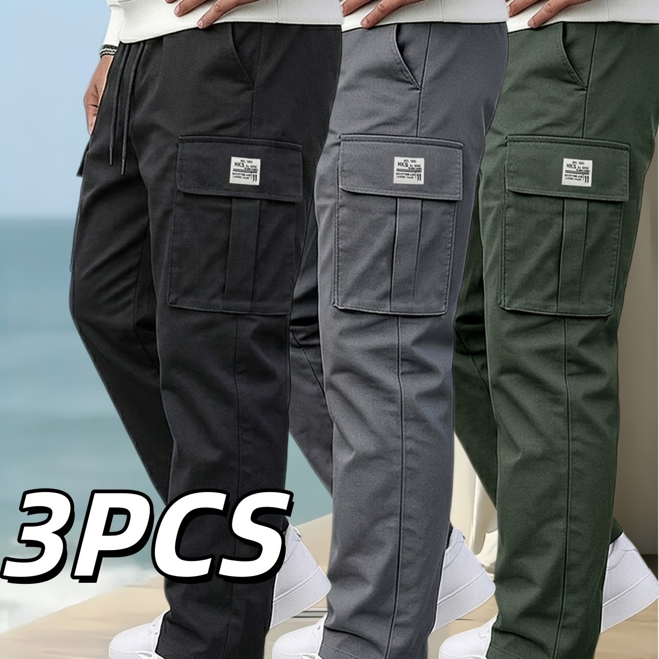 TEMU 3pcs Men's Casual Cargo Pants | Skinny Fit, Non-stretch Fabric, Regular Length, Solid Color With Pockets