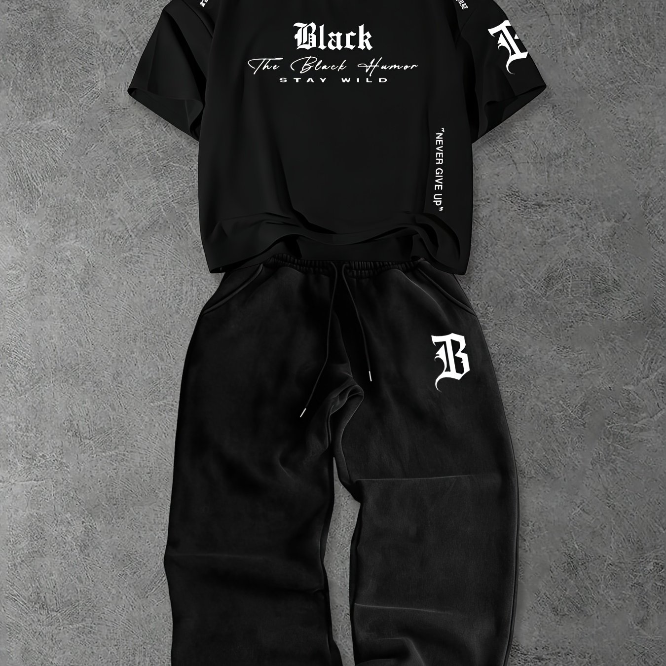 TEMU Men's Short Sleeve T-shirt And Pants Set, Printed Round Neck T-shirt + Versatile Solid Color Drawstring Loose-fit Casual Sports Pants,