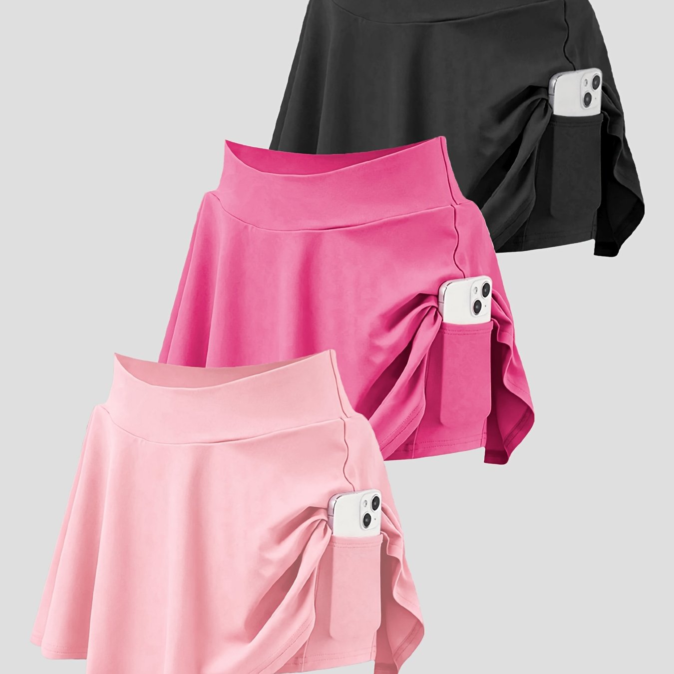 TEMU Women's 3pcs Skort Set, High-waist With Pockets, Running Skirt, Training Wear, Summer Swear Set