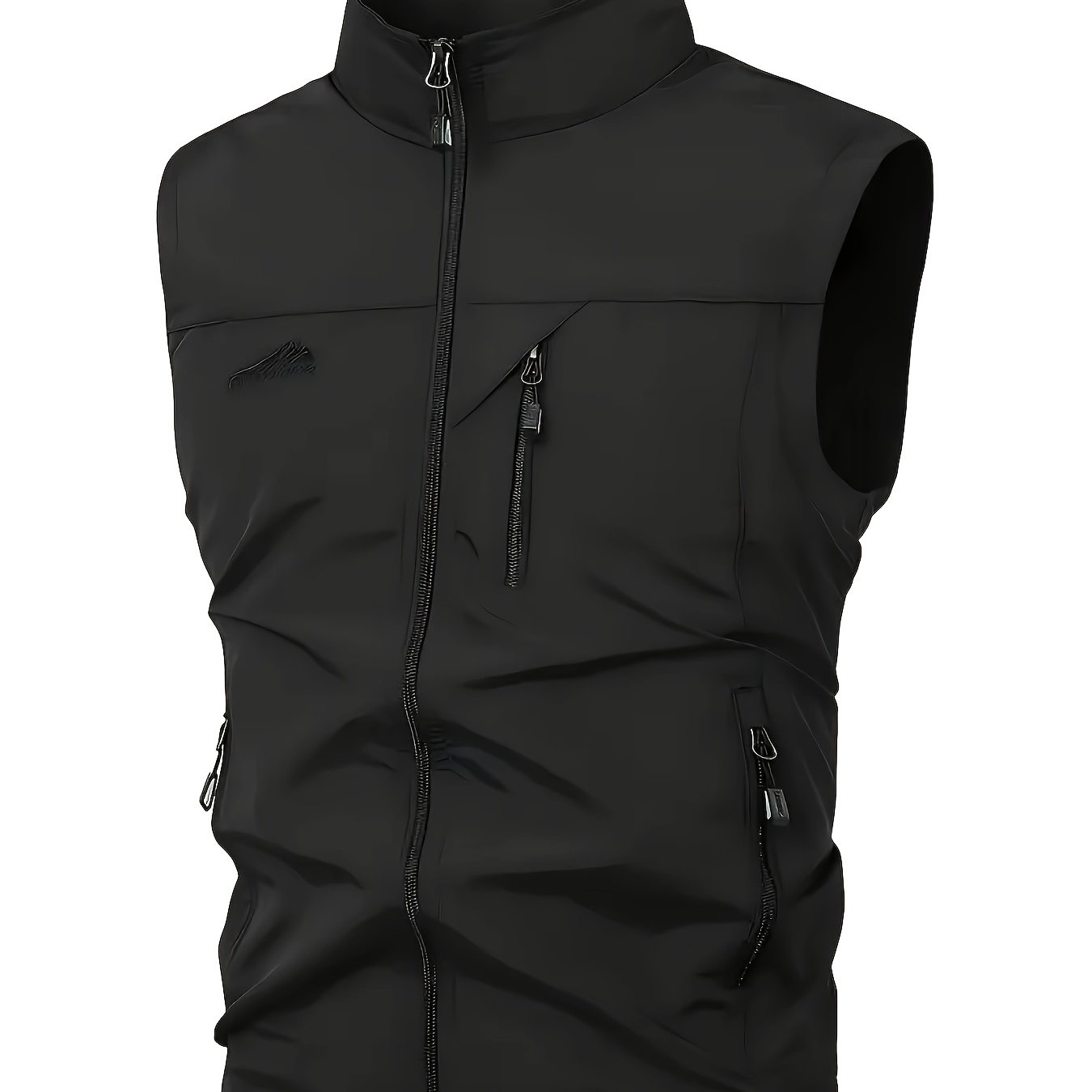TEMU Men's Lightweight Nylon Sleeveless Vest With Multiple Pockets - Casual Stand Collar Geometric Pattern For Fishing, Hiking, Travel & Work -