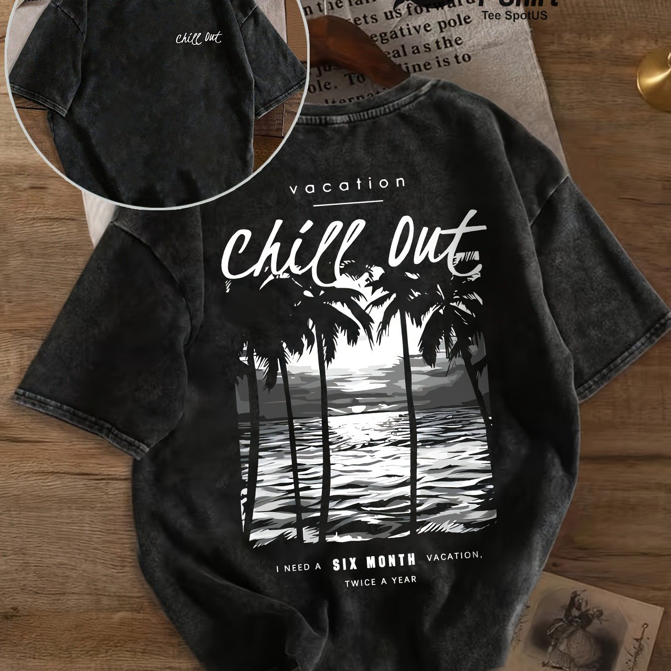 Image of High-quality Washed Top - Vintage Relaxed Vacation Print Short-sleeve T-shirt - Round Neck Summer Casual Top, Machine-washable Vintage Pattern Top, Suitable For Daily Wear